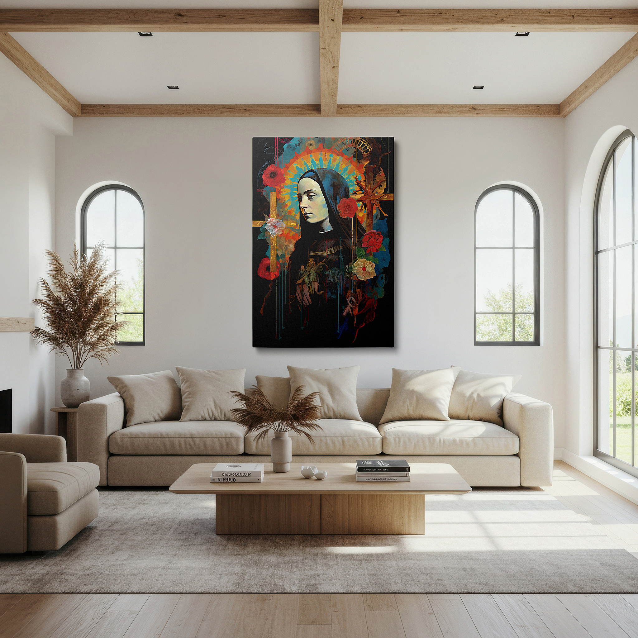 Gently illuminated by ambient lighting in an entryway — wall art: experience saintly serenity with blooming flowers - a tranquil, spiritual tapestry. perfect for home or office decor, available as large canvas wall art.
