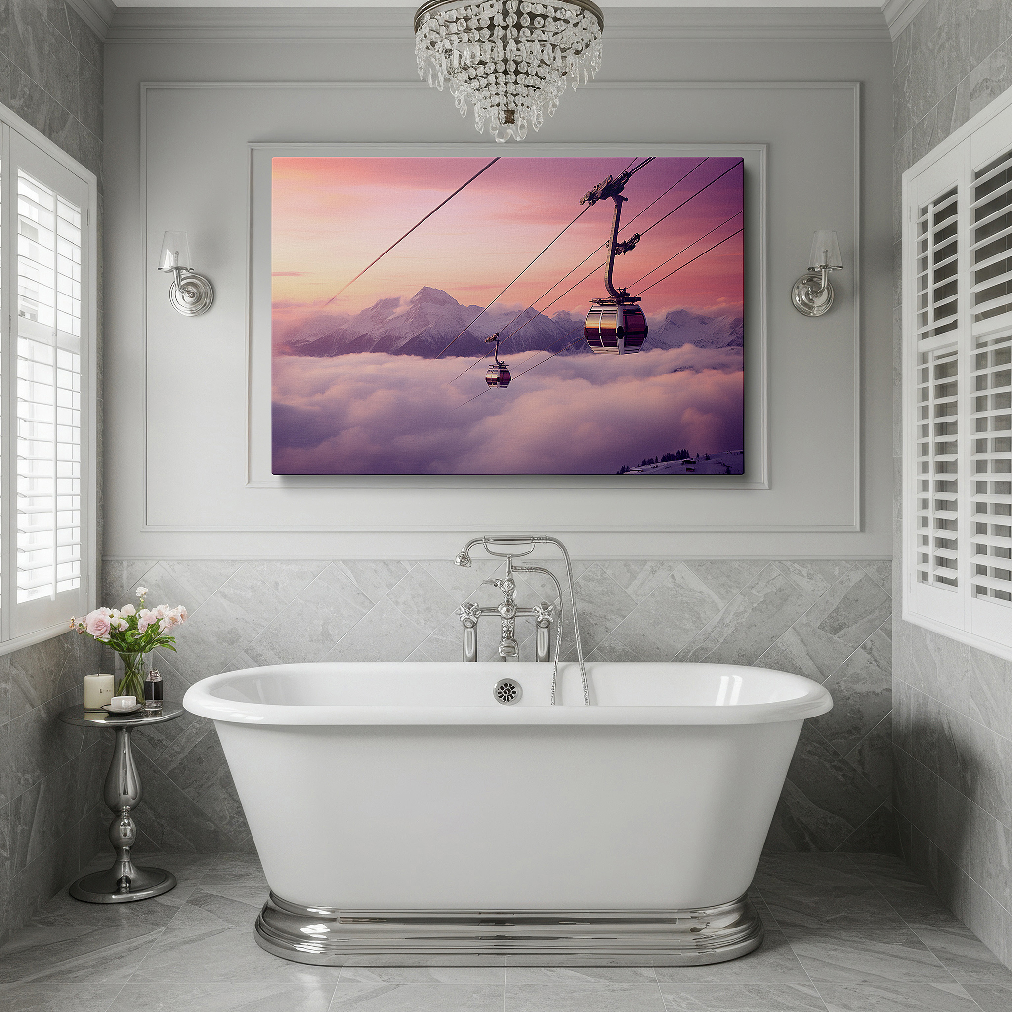 Gently illuminated by ambient lighting in an entryway — wall art: experience the serene majesty of snowy peaks and gliding gondolas in a winter wonderland - large canvas wall art for office and bedroom decor