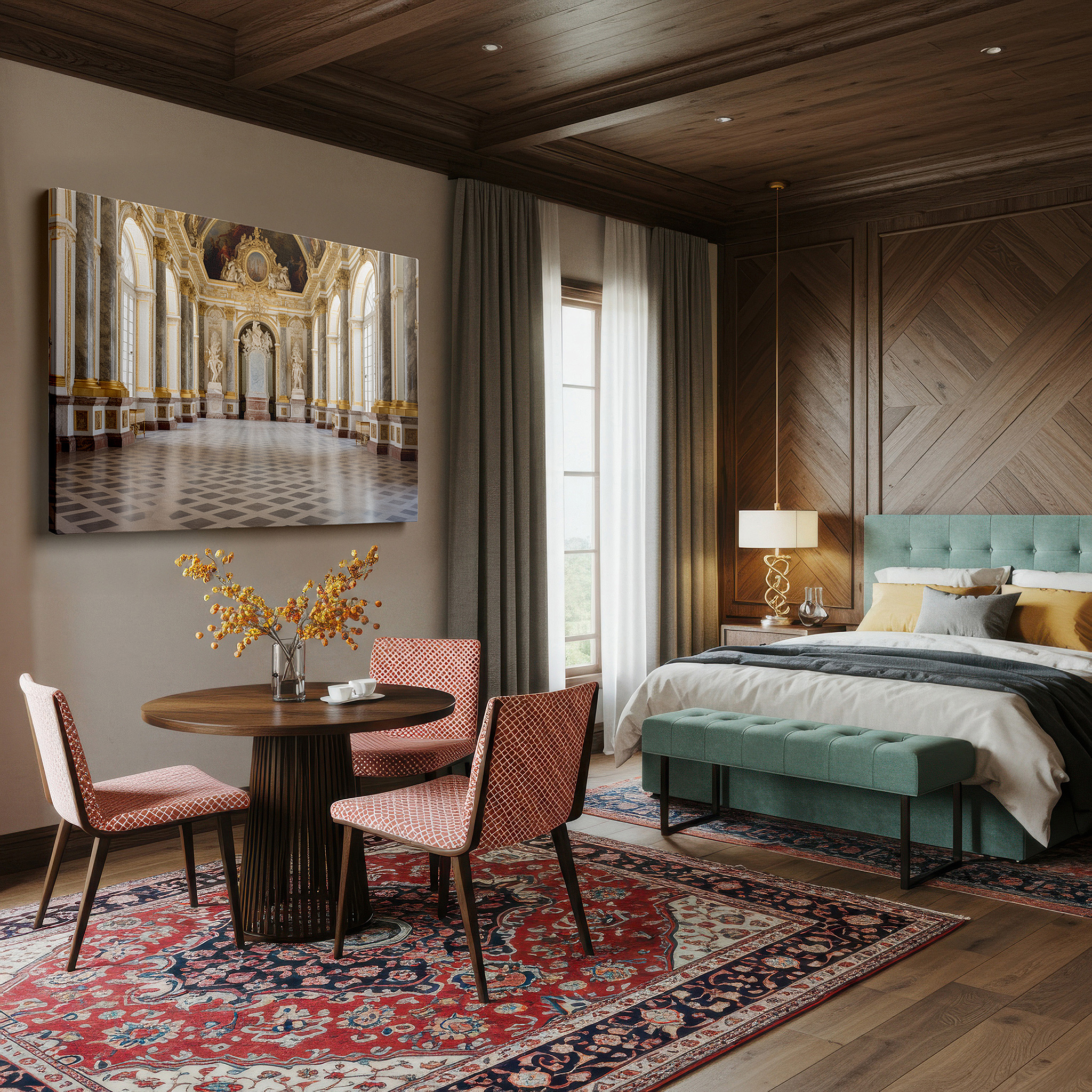 Gently illuminated by ambient lighting in an entryway — wall art: majestic hall of timeless elegance - a masterpiece of architectural grandeur and artistic brilliance. large canvas wall art decor.