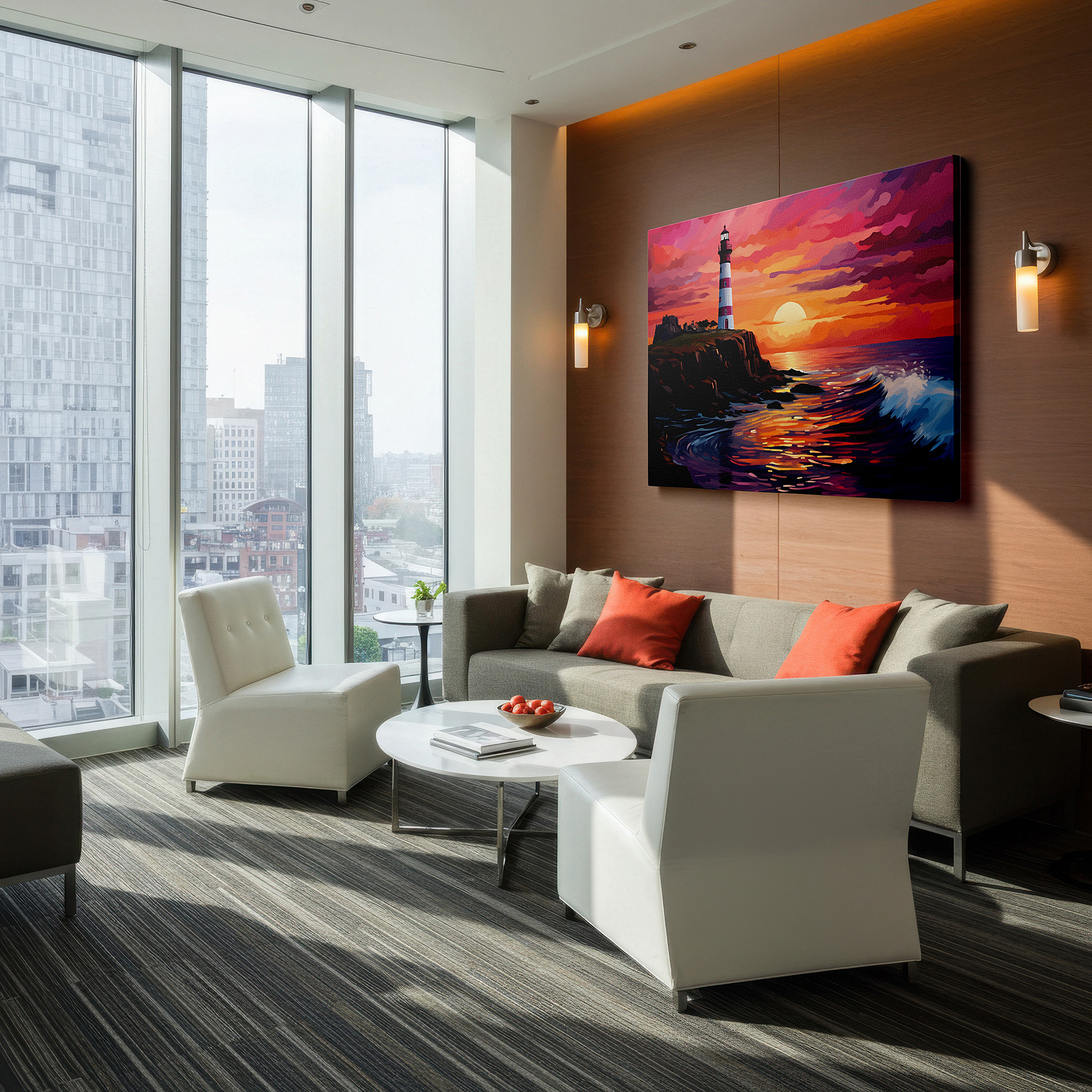 Gently illuminated by ambient lighting in an entryway — wall art: majestic lighthouse at sunset - a beacon of hope against a vibrant sky. large canvas wall art for office and bedroom decor.