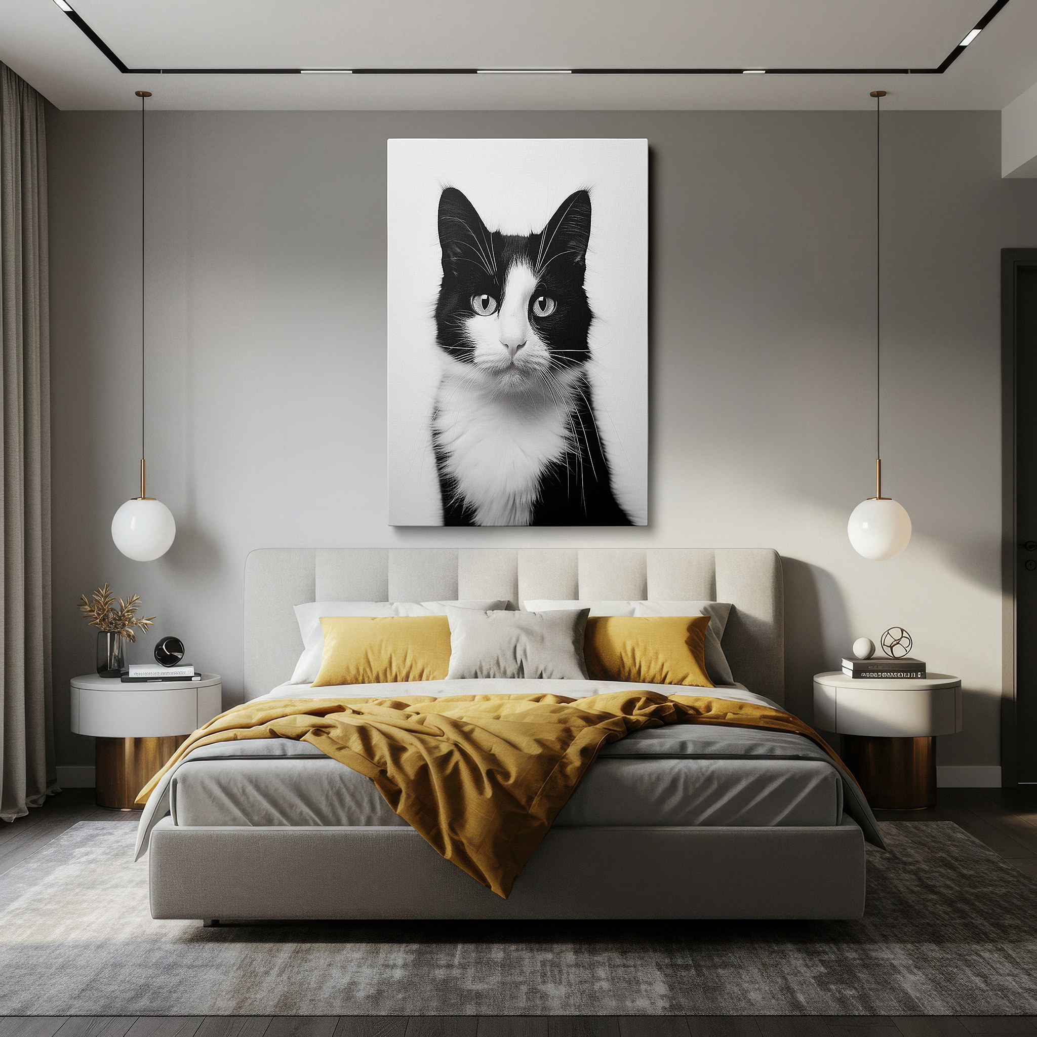 Gently illuminated by ambient lighting in an entryway — wall art: mysterious elegance in a monochrome cat portrait - large canvas wall art for office, bedroom, and living room decor