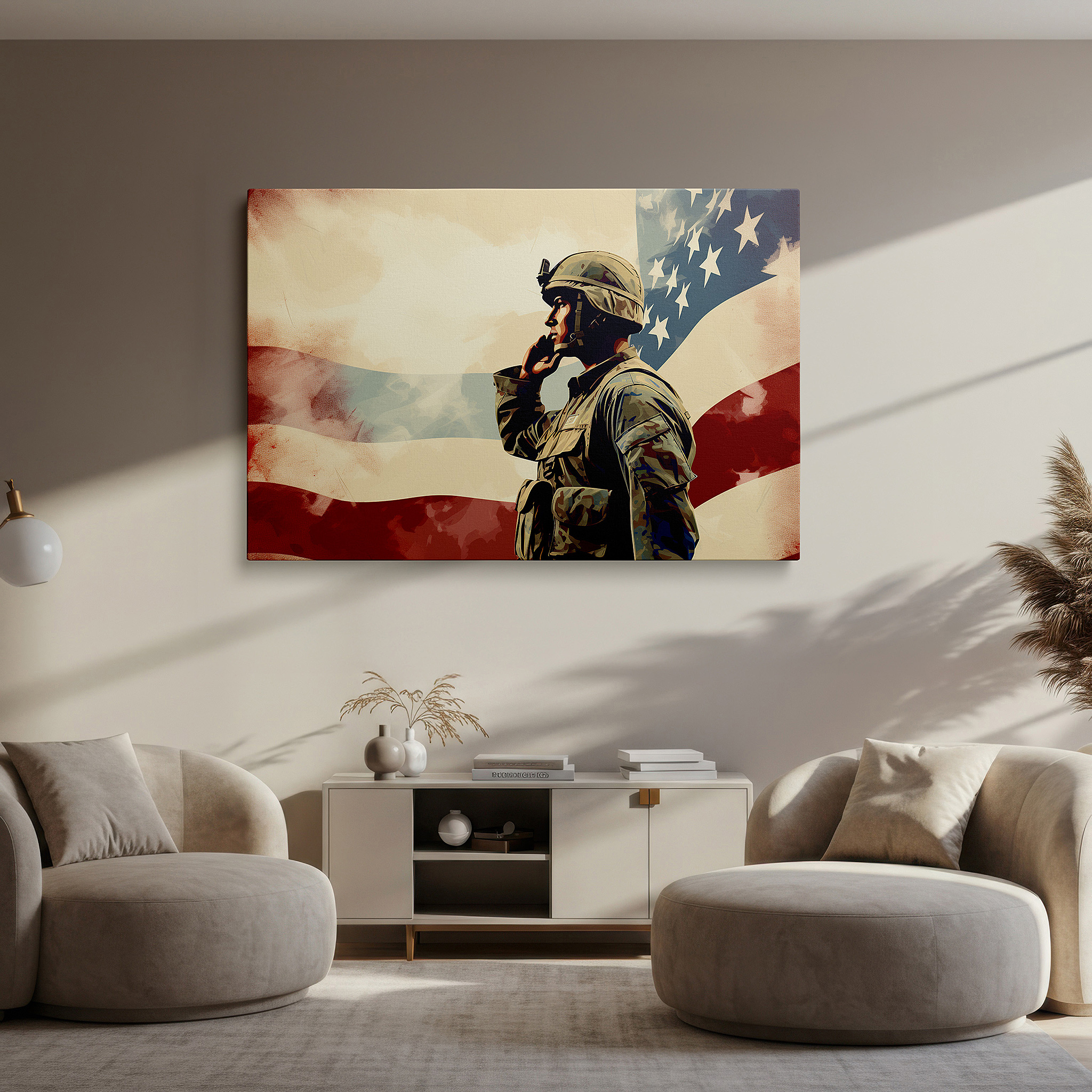 Gently illuminated by ambient lighting in an entryway — wall art: saluting soldier with american flag - a tribute to national pride and honor. large canvas wall art for office decor.