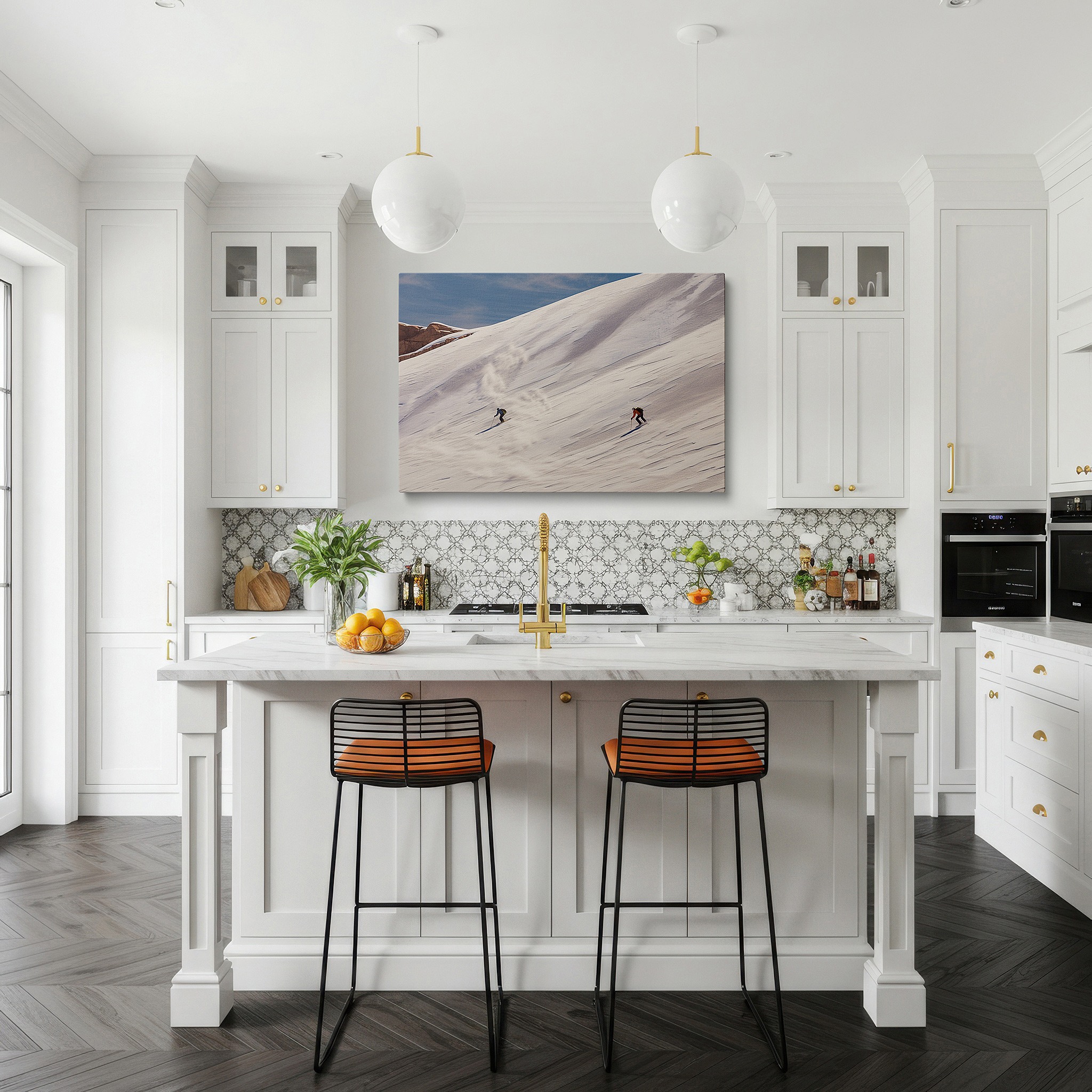 Gently illuminated by ambient lighting in an entryway — wall art: skiers gliding on snow-covered slopes beneath a bright blue sky, a vibrant tribute to winter sports and the splendor of nature, large canvas wall art