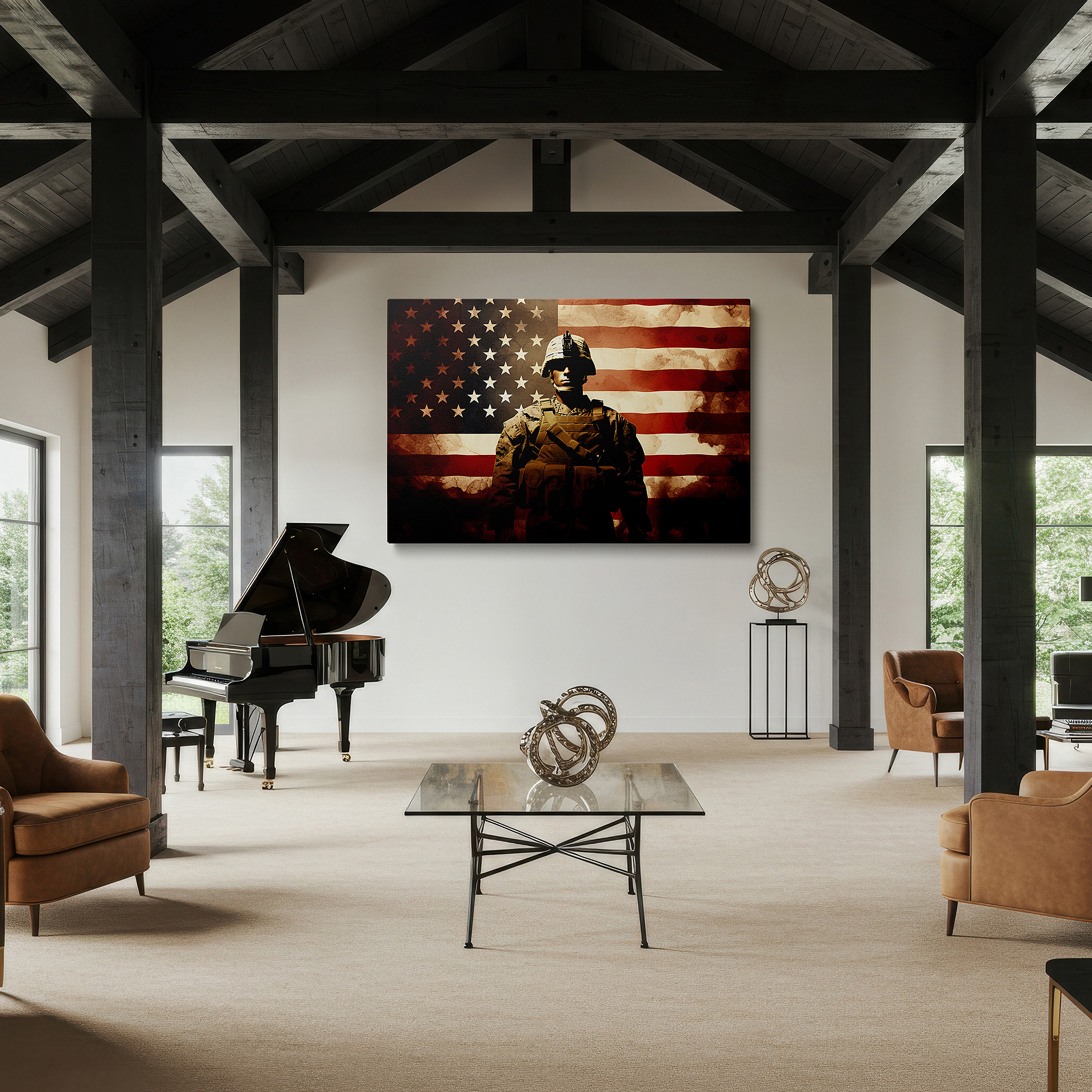 Gently illuminated by ambient lighting in an entryway — wall art: soldier silhouette and american flag - celebrating bravery, sacrifice, and patriotism. large canvas wall decor.