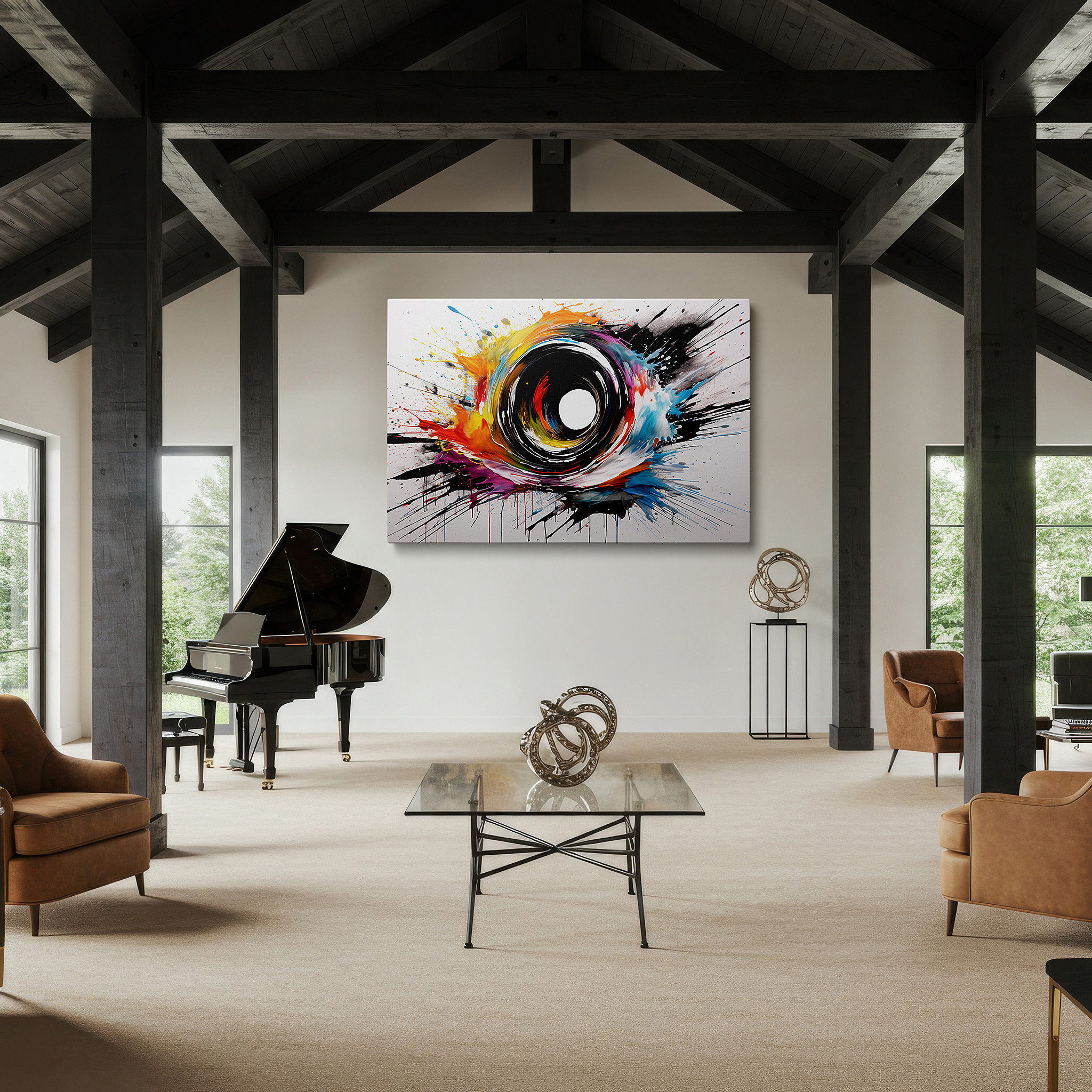 Gently illuminated by ambient lighting in an entryway — wall art: a striking spiral in fiery reds and cool blues, representing creativity and transformation - large canvas wall art for home and office decor