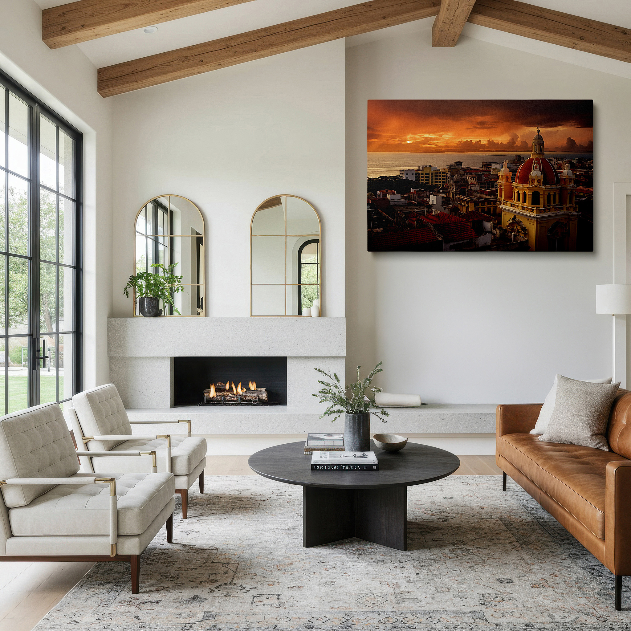 Gently illuminated by ambient lighting in an entryway — wall art: sunset over historic cityscape - timeless beauty meets modern vibrancy. large canvas wall art for office and bedroom decor.