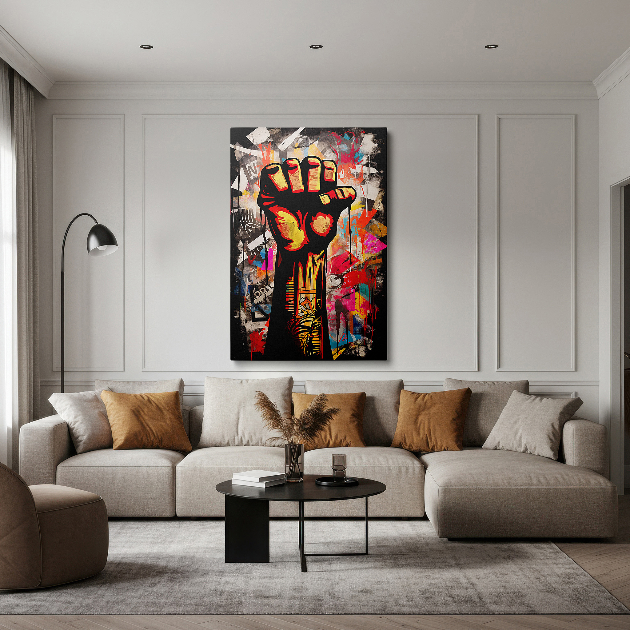 Gently illuminated by ambient lighting in an entryway — wall art: a symbol of defiance and empowerment with a raised fist surrounded by urban graffiti - large canvas wall art for home and office decor, perfect for living room and bedroom