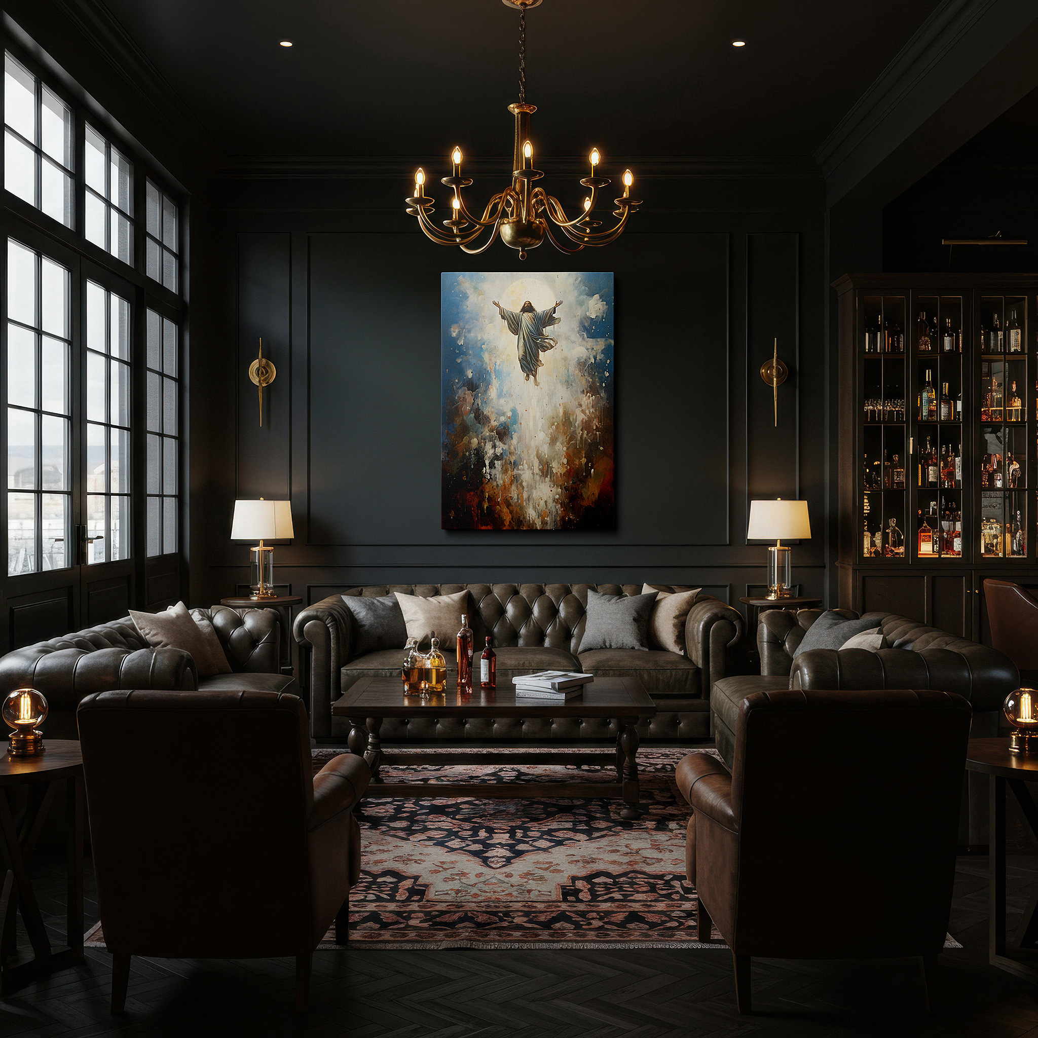 Gently illuminated by ambient lighting in an entryway — wall decor: "ascension amidst vibrant hues" - a celestial journey in blues, golds, and reds. large canvas art for office and bedroom walls