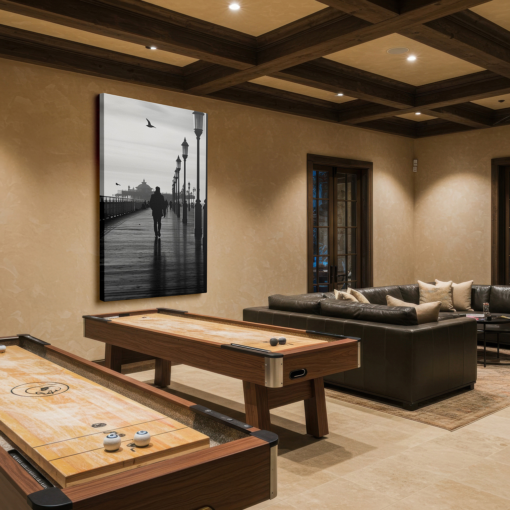 Gently illuminated by ambient lighting in an entryway — wall decor: a lone figure on an ageless pier, old-fashioned lanterns light the way to reflection - large canvas art for home and office