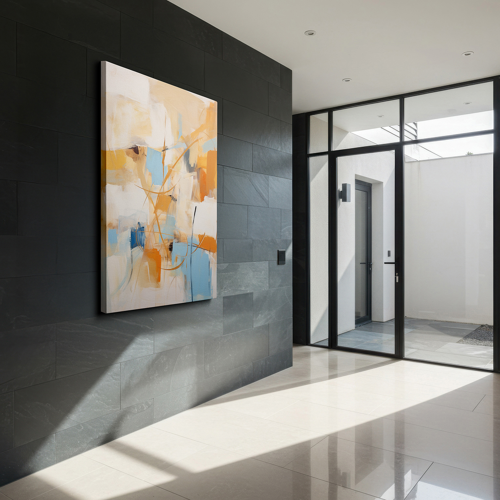 Gently illuminated by ambient lighting in an entryway — warm earthy tones and dynamic abstract lines: large canvas wall art for office and bedroom decor