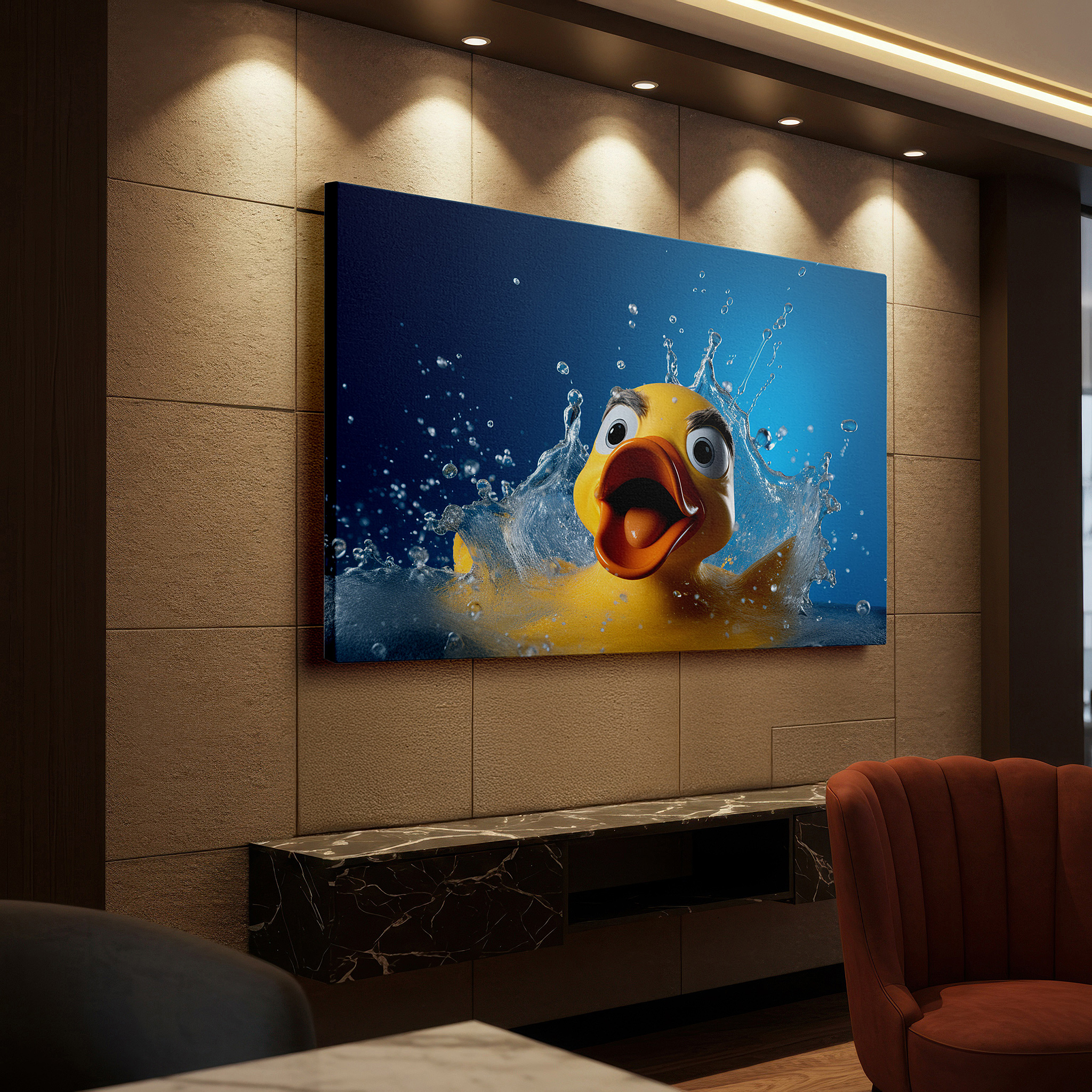 Gently illuminated by ambient lighting in an entryway — yellow rubber duck and water splashes wall art, large canvas decor for office, bedroom, and living room