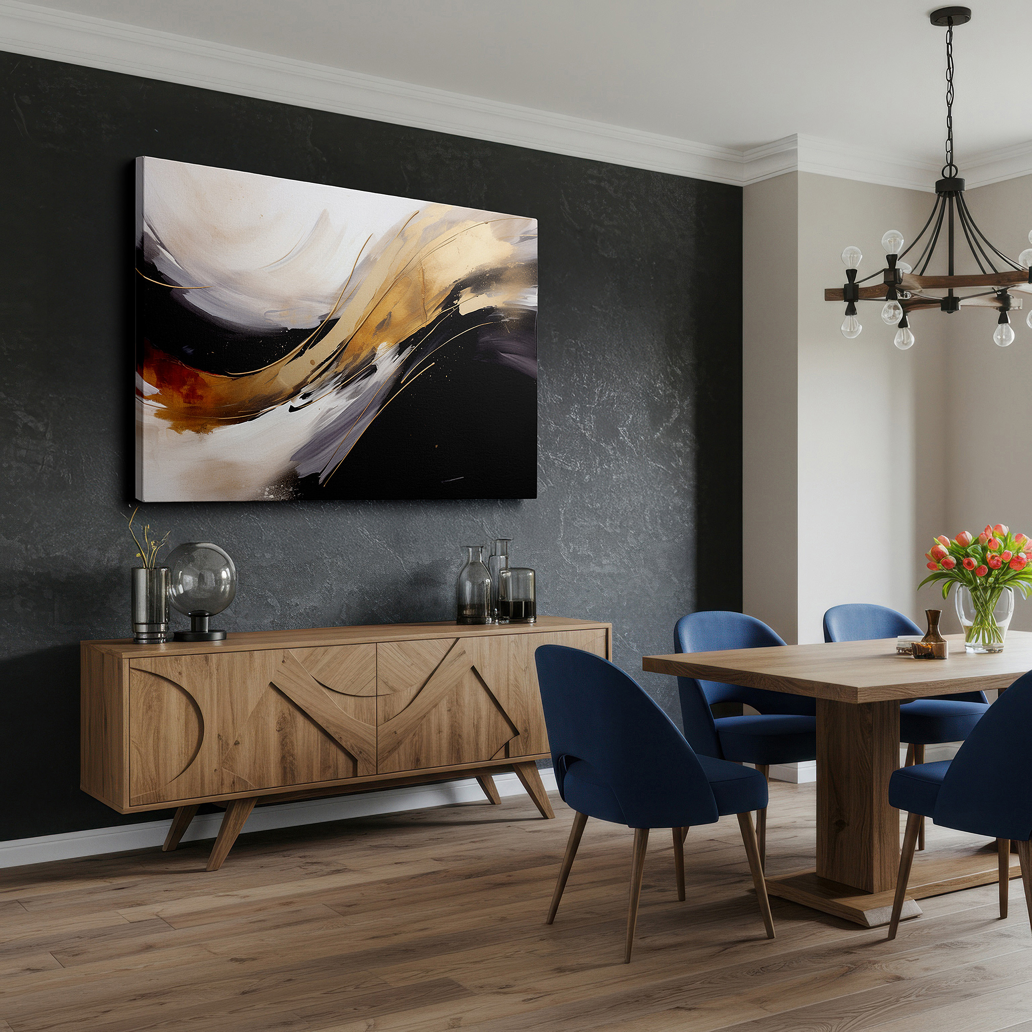 Hung in a cozy reading nook beside a floor lamp and bookshelf — abstract elegance: bold lines and monochrome palette with luxurious gold accents - large canvas wall art for office decor