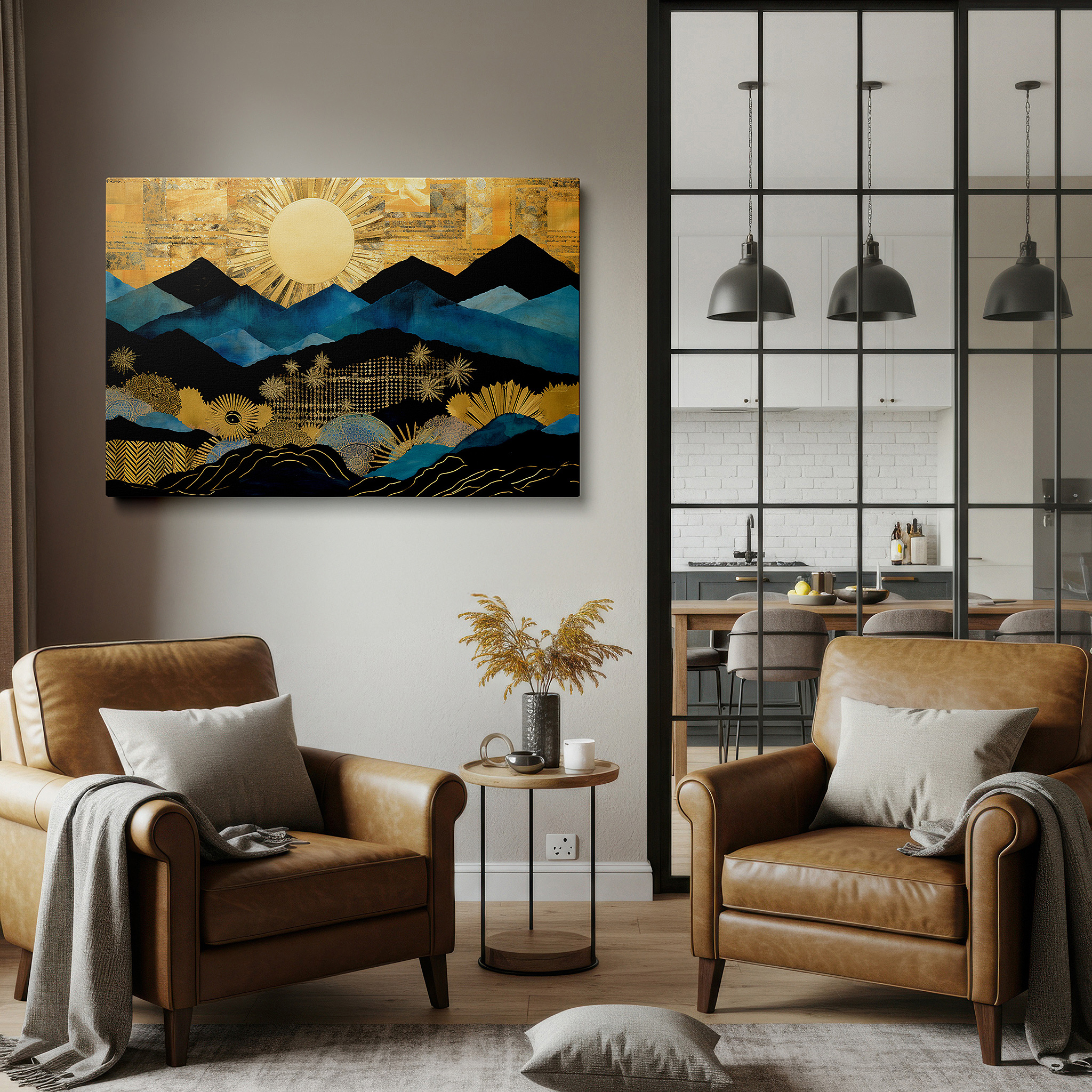 Hung in a cozy reading nook beside a floor lamp and bookshelf — abstract mountain landscapes in blue and gold tones, large canvas wall art for office and bedroom decor