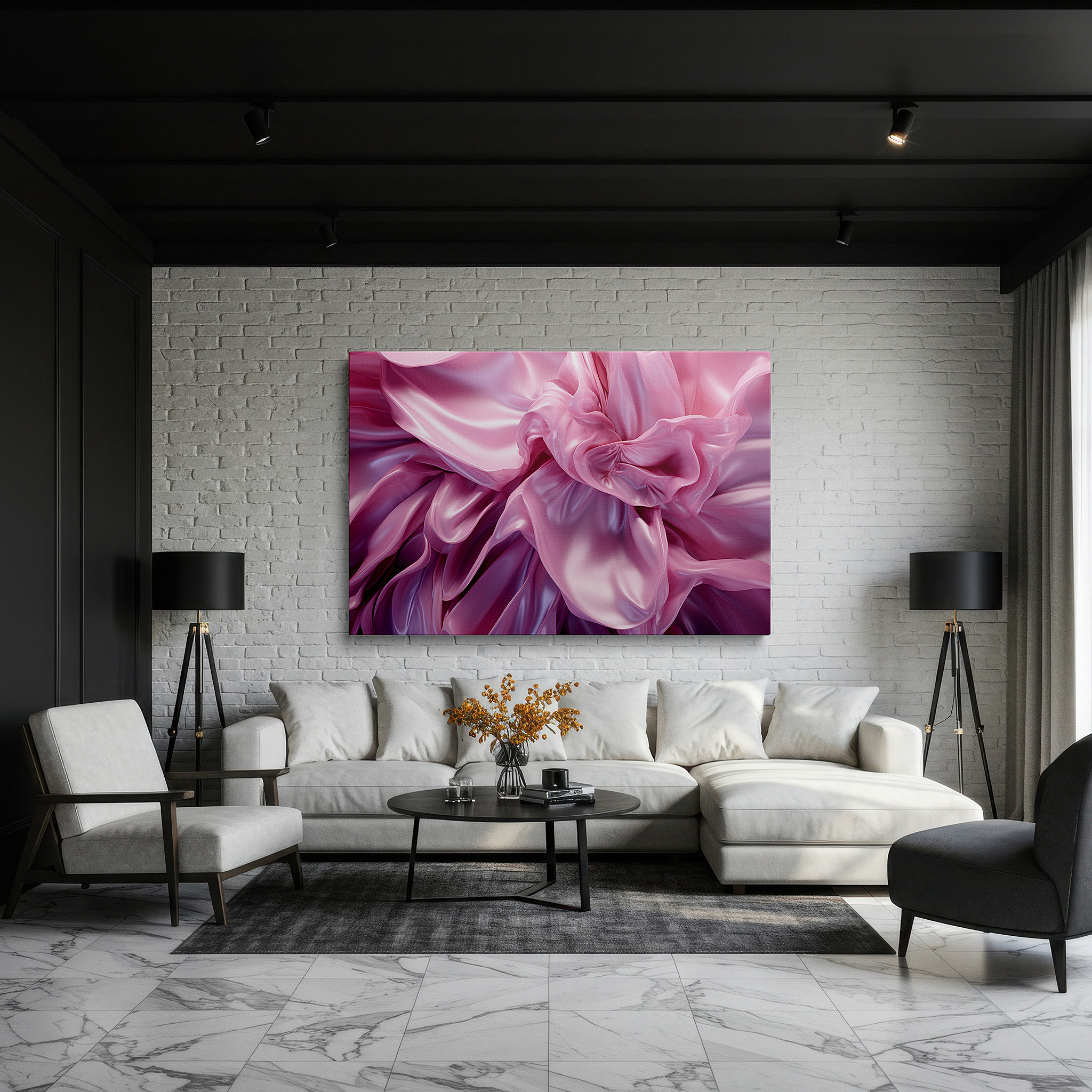Hung in a cozy reading nook beside a floor lamp and bookshelf — abstract pink fabric waves: a masterpiece of texture and movement - large canvas wall art for office and bedroom decor