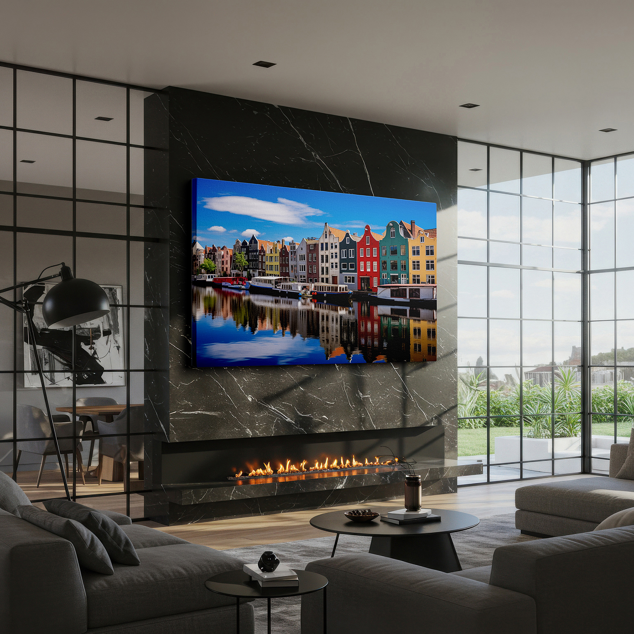 Hung in a cozy reading nook beside a floor lamp and bookshelf — amsterdam waterfront canvas print featuring dutch architecture and dreamlike canal reflections, large wall art for home or office decor
