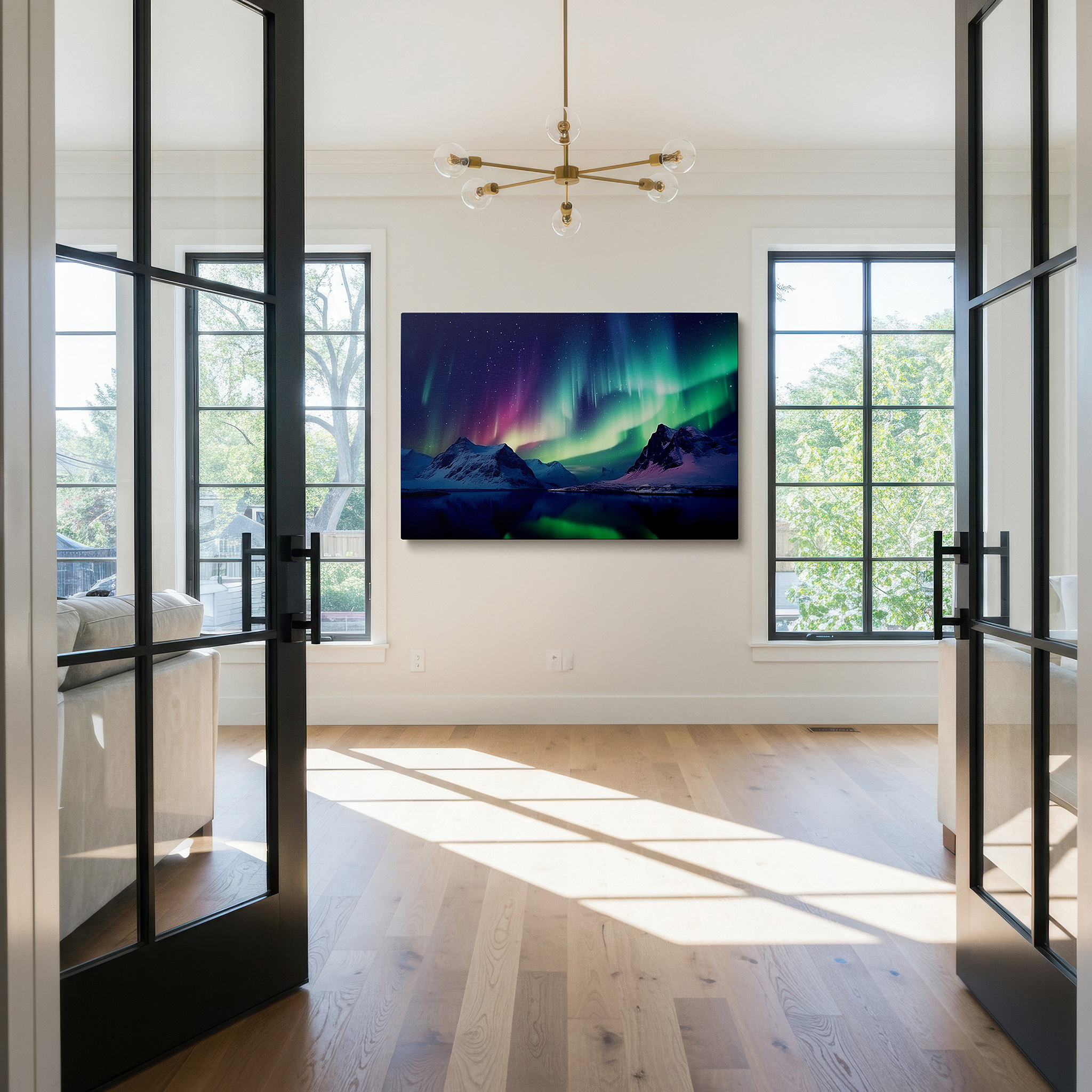 Hung in a cozy reading nook beside a floor lamp and bookshelf — aurora borealis over snow-capped mountains and tranquil lake reflection large canvas wall art for home and office decor
