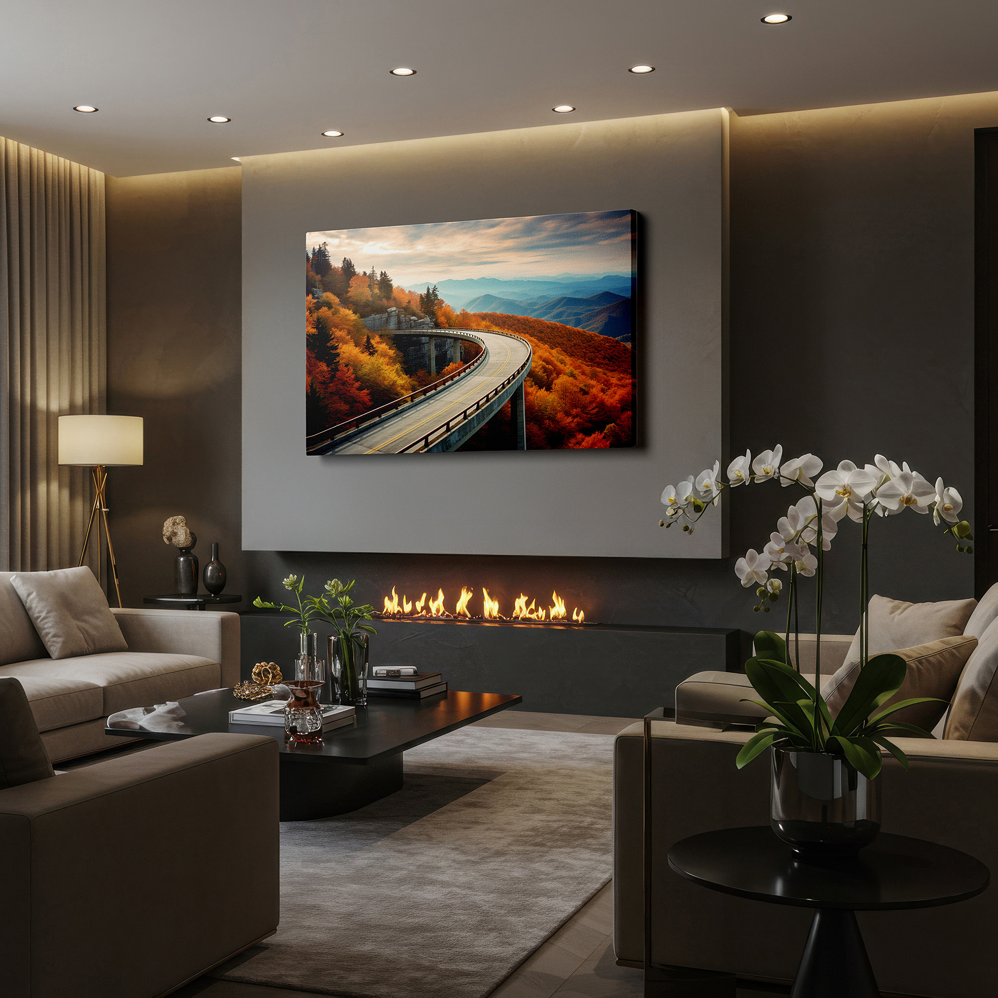 Hung in a cozy reading nook beside a floor lamp and bookshelf — autumn majesty journey - winding road with fiery foliage and steep mountains large wall art, canvas wall art, wall decor for office