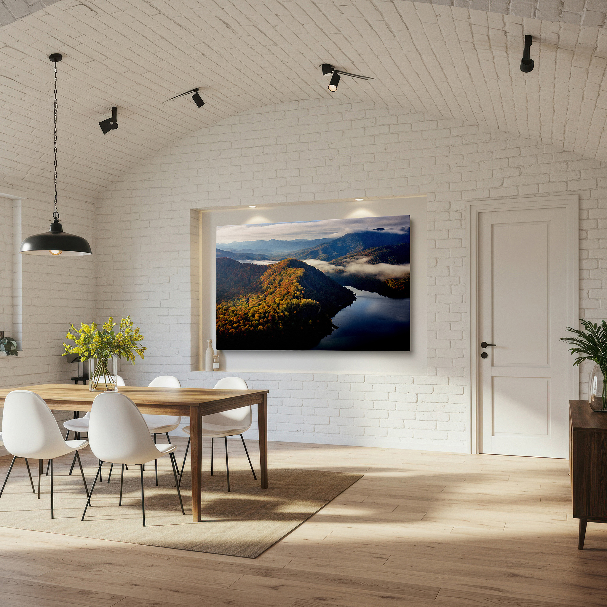 Hung in a cozy reading nook beside a floor lamp and bookshelf — autumn majesty from above: vibrant mountain and serene water landscape - large canvas wall art decor