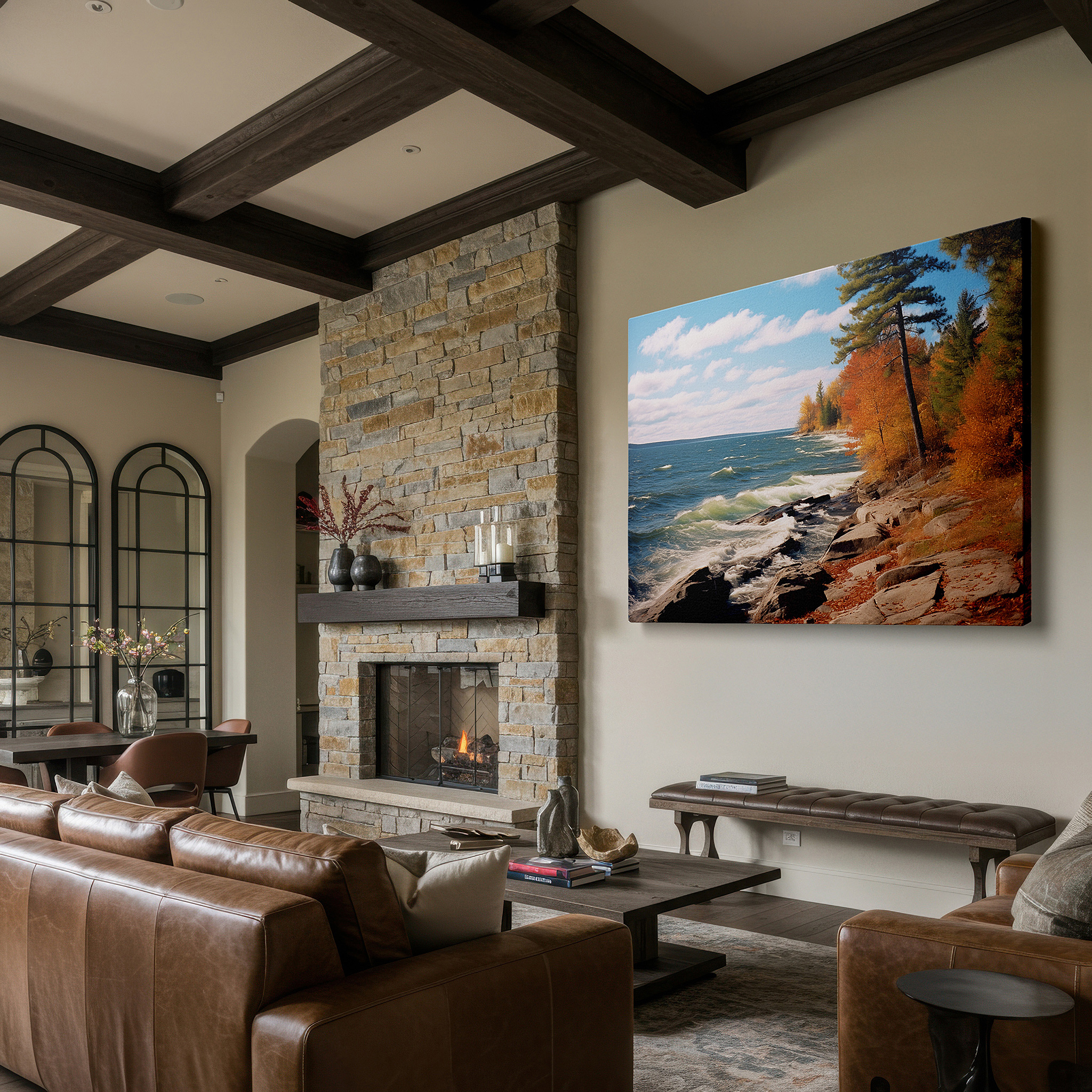 Hung in a cozy reading nook beside a floor lamp and bookshelf — autumnal serenity coastline, vibrant foliage over calm lake waters, large canvas wall art for office and bedroom decor
