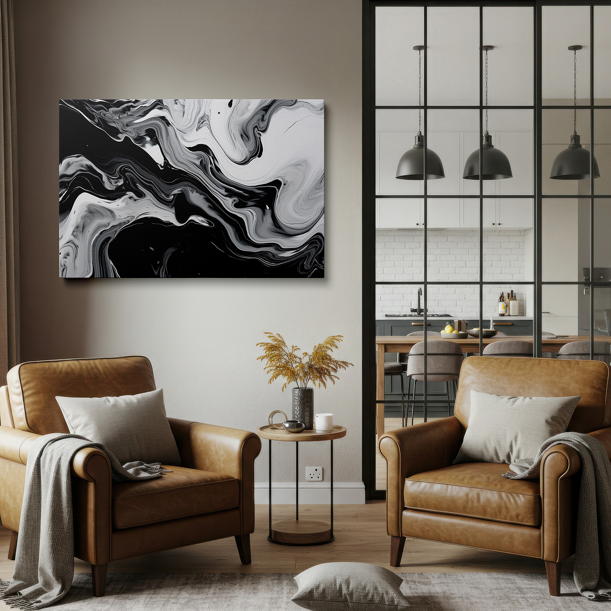 Hung in a cozy reading nook beside a floor lamp and bookshelf — black and white large wall art: a dance of chaos and harmony, perfect for office, bedroom, and living room decor