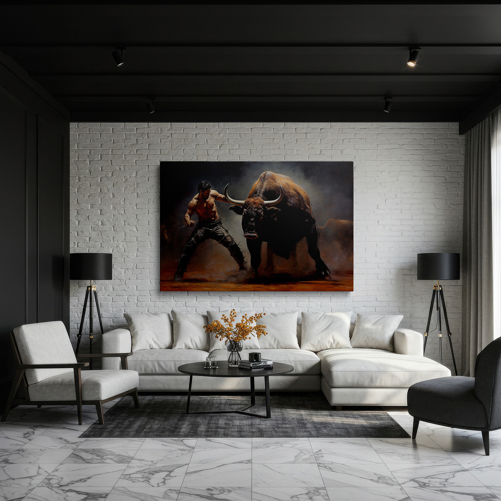 Hung in a cozy reading nook beside a floor lamp and bookshelf — bull and man engage in a powerful dance of bravery in a sunlit arena - large canvas wall art for office decor