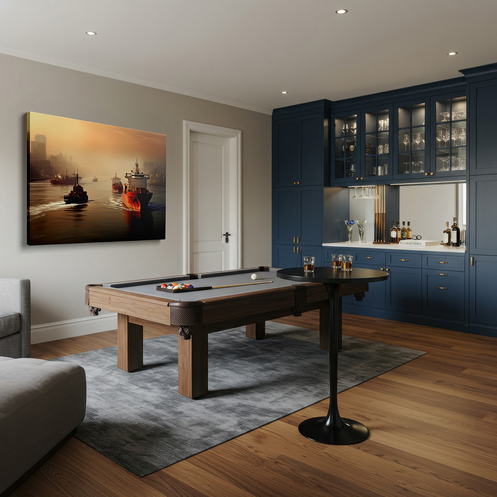 Hung in a cozy reading nook beside a floor lamp and bookshelf — cargo ships at dusk: where industrial energy and scenic calm merge in a reflective waterway scene - large wall art, canvas wall art, wall decor for office