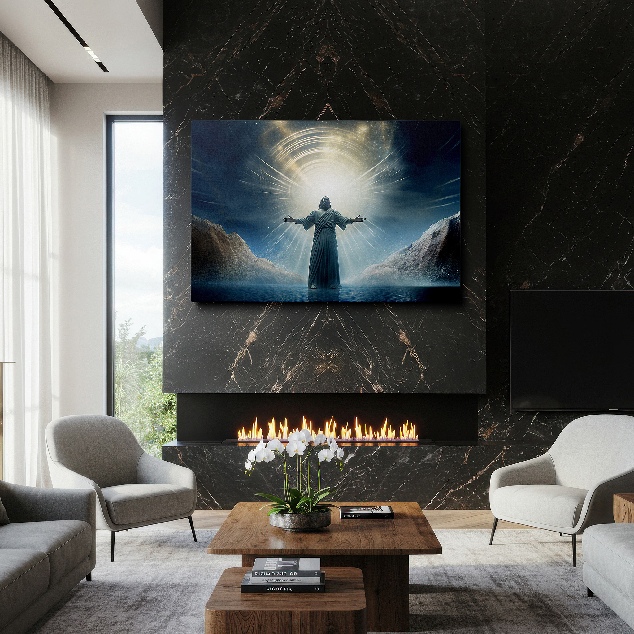 Hung in a cozy reading nook beside a floor lamp and bookshelf — celestial light and divine peace in the embrace of jesus christ: large canvas wall art for home and office decor