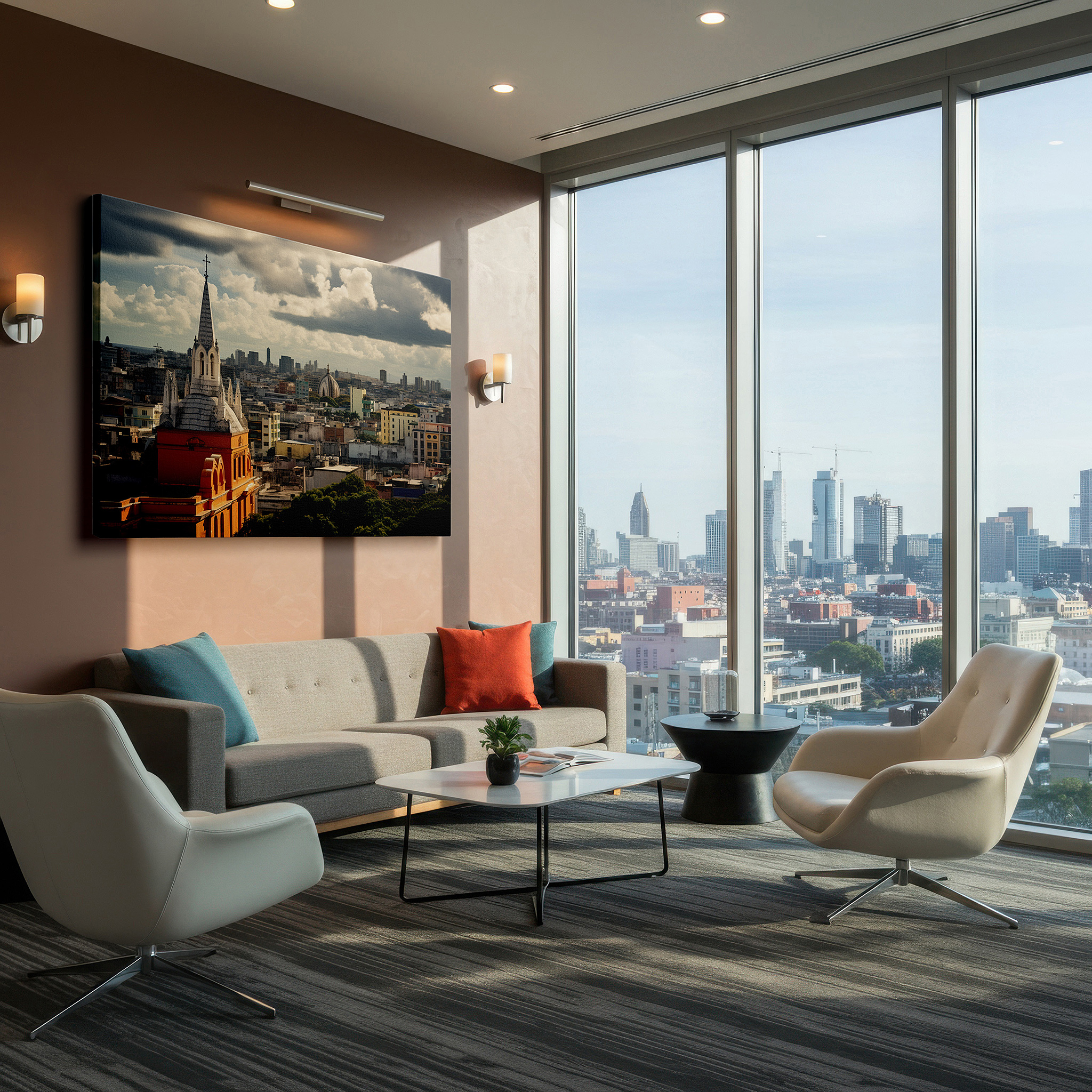 Hung in a cozy reading nook beside a floor lamp and bookshelf — cityscape fusion: historical architecture and dynamic skies - large canvas wall art for office, bedroom, and living room decor