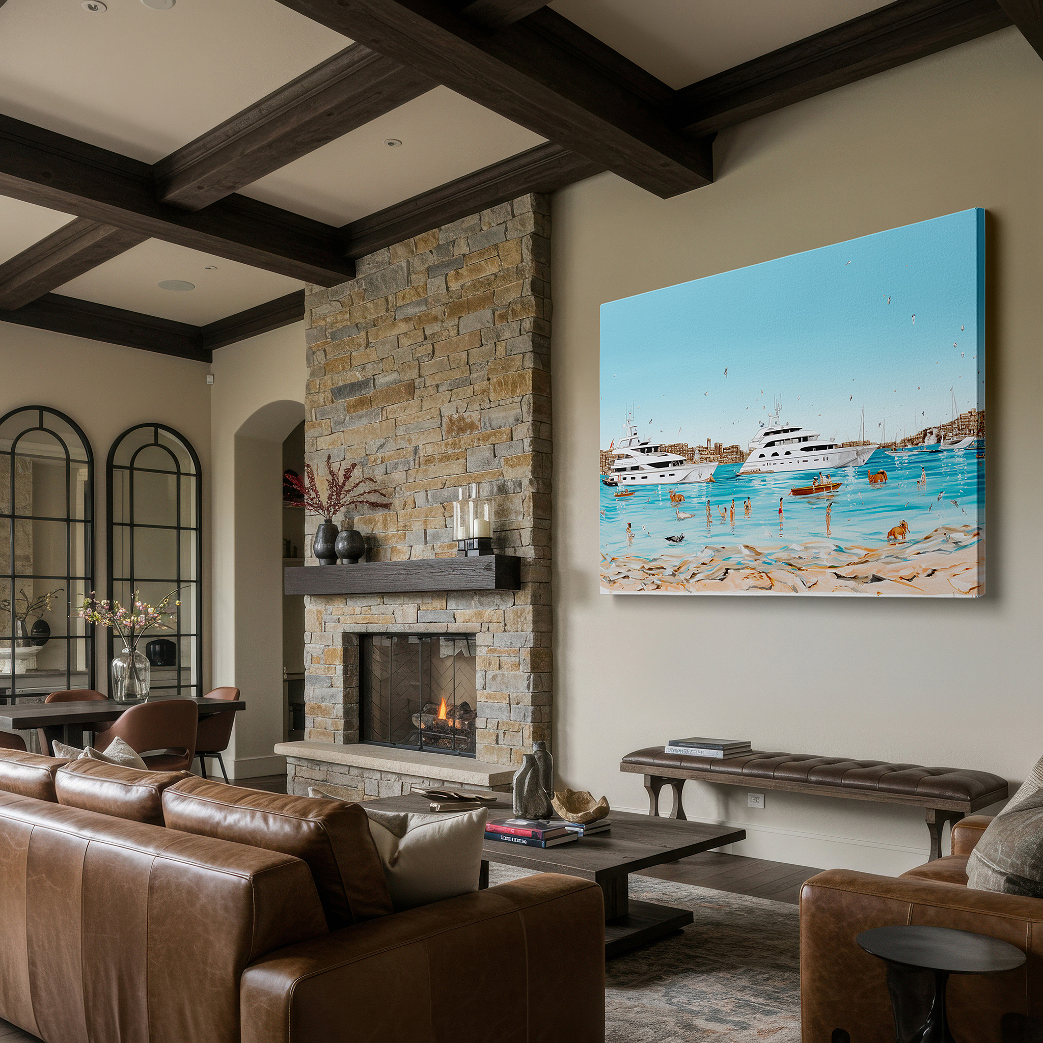Hung in a cozy reading nook beside a floor lamp and bookshelf — coastal vibrance: celebrating summer joy and seaside leisure - large wall art for bedrooms and offices
