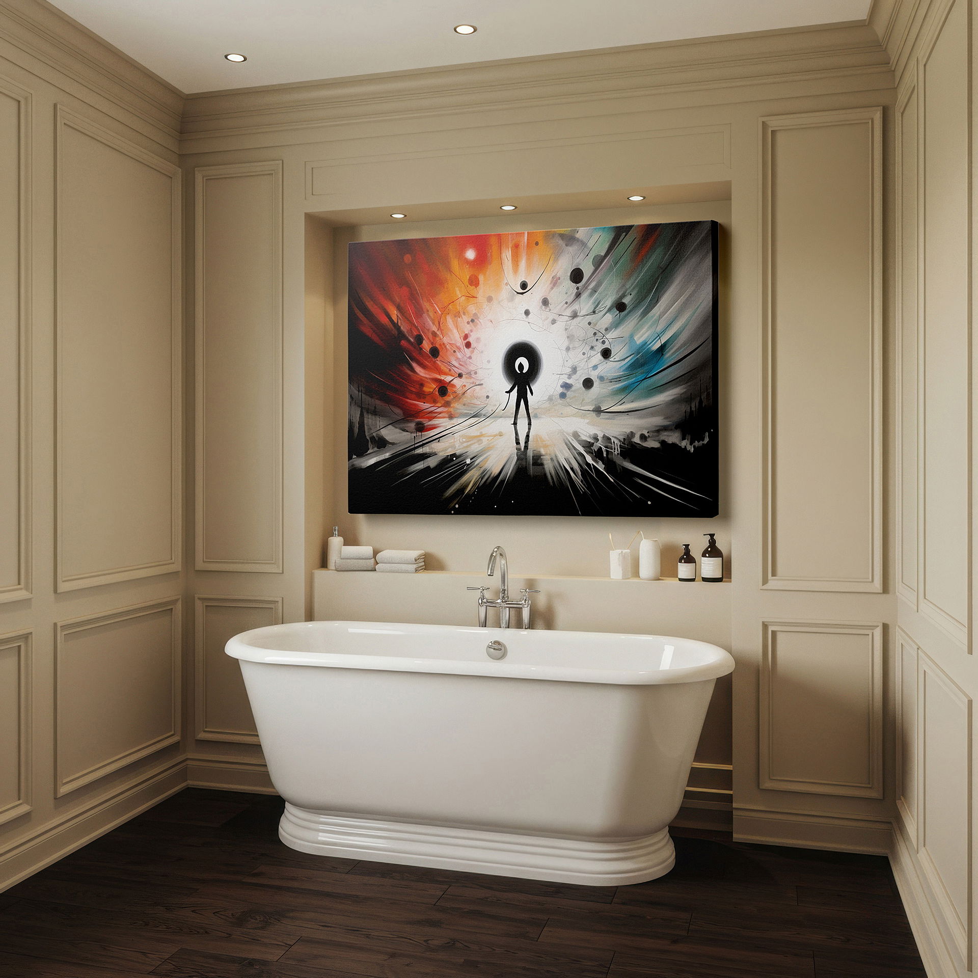 Hung in a cozy reading nook beside a floor lamp and bookshelf — cosmic dance of colors: exploring human potential through abstract imagery - large canvas wall art for office, living room, and bedroom decor