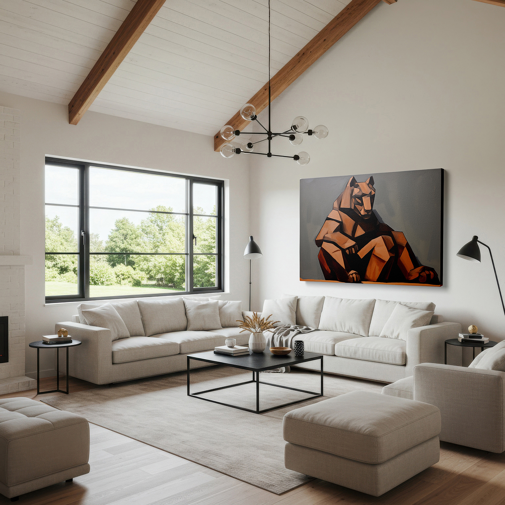 Hung in a cozy reading nook beside a floor lamp and bookshelf — cubist-style majestic lion, serene yet dynamic abstract expression, large canvas wall art for office and bedroom decor