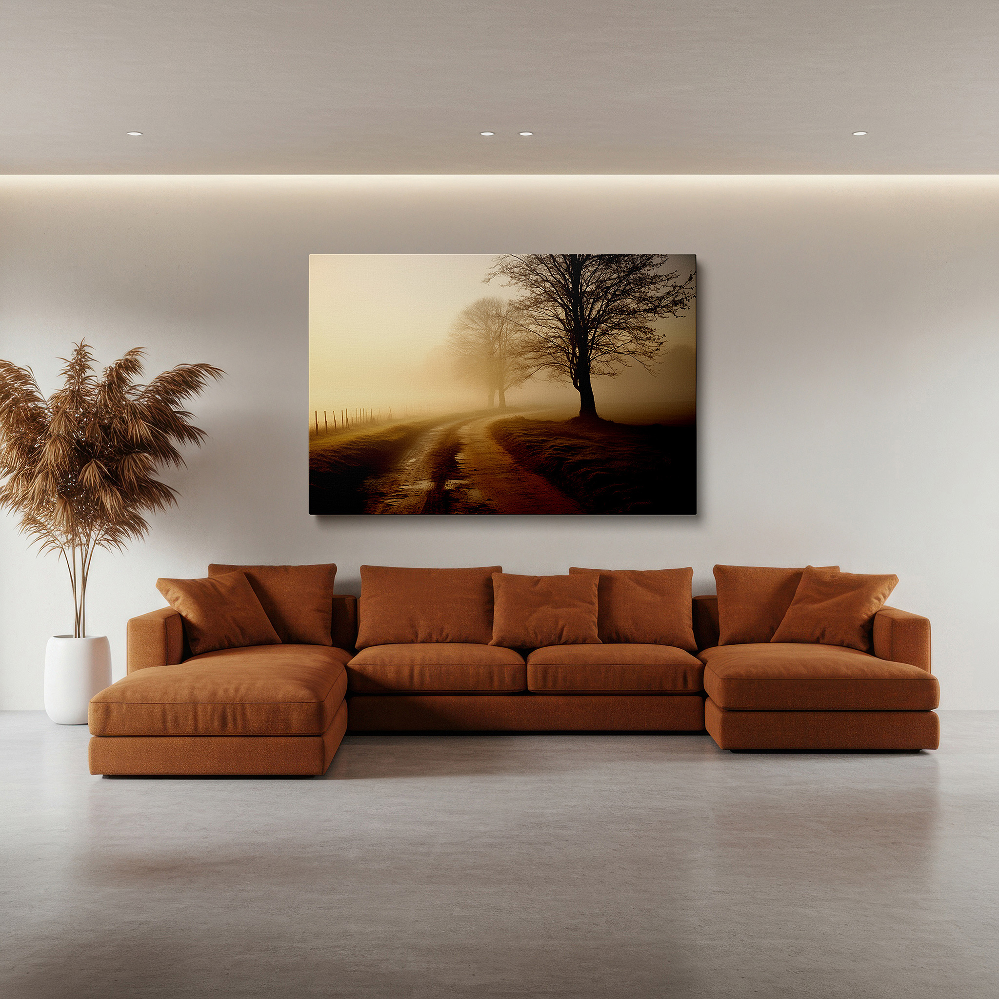 Hung in a cozy reading nook beside a floor lamp and bookshelf — dawn's gentle embrace: tranquil misty terrain - large canvas wall art for office and bedroom decor
