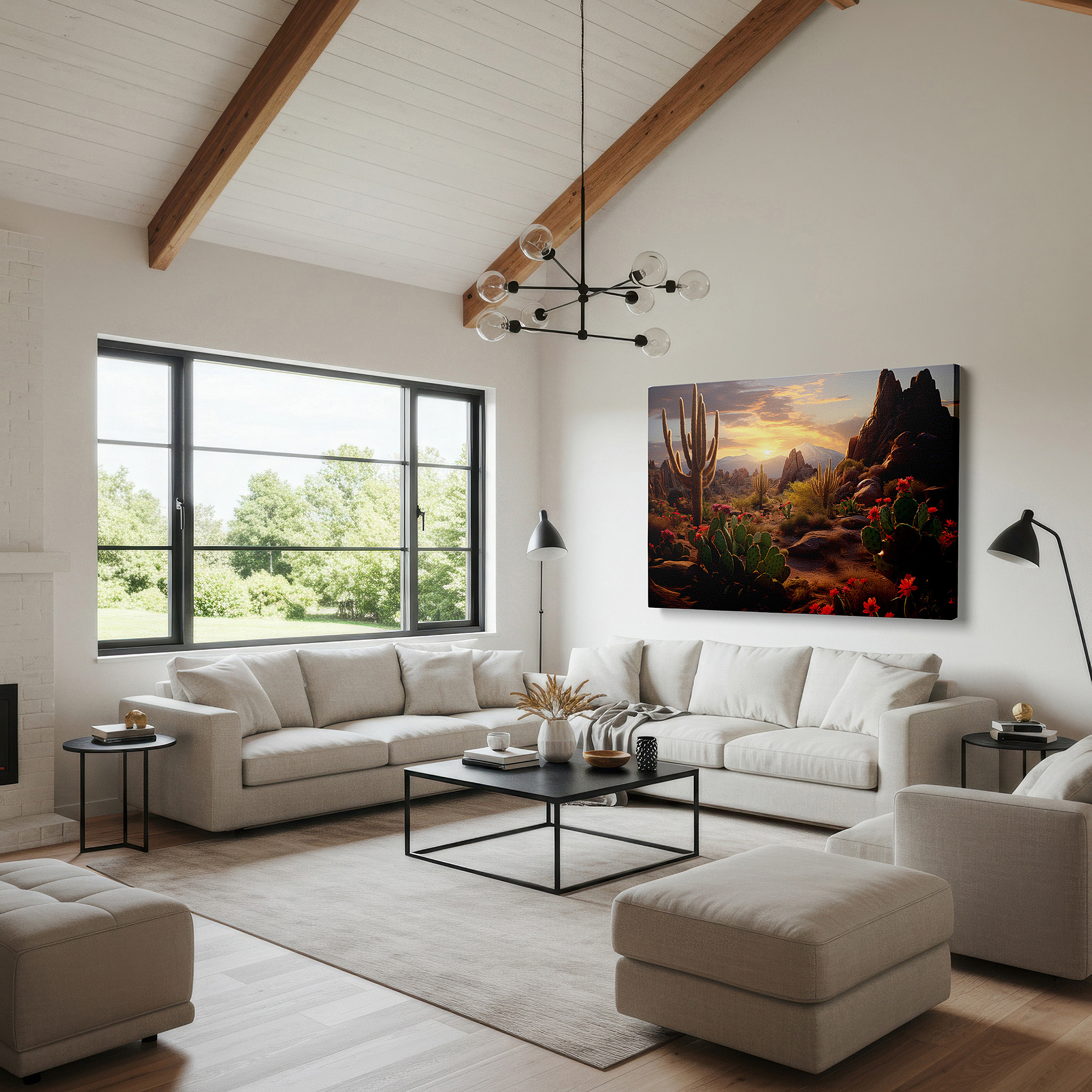 Hung in a cozy reading nook beside a floor lamp and bookshelf — desert mountain sunset with bright flowers, large canvas wall art for office decor