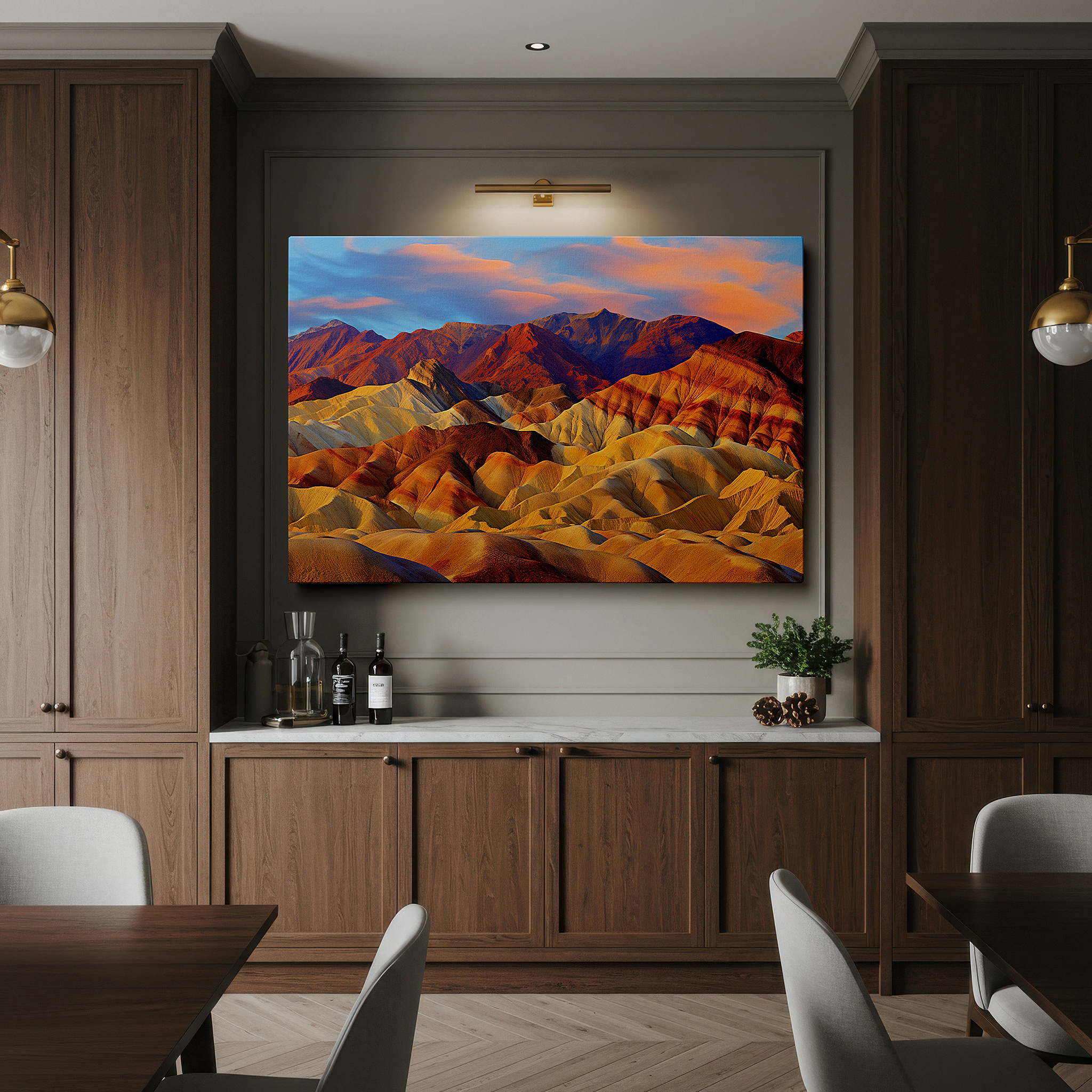 Hung in a cozy reading nook beside a floor lamp and bookshelf — desert twilight embrace - stunning landscape with rolling hills and majestic mountains, large canvas wall art decor