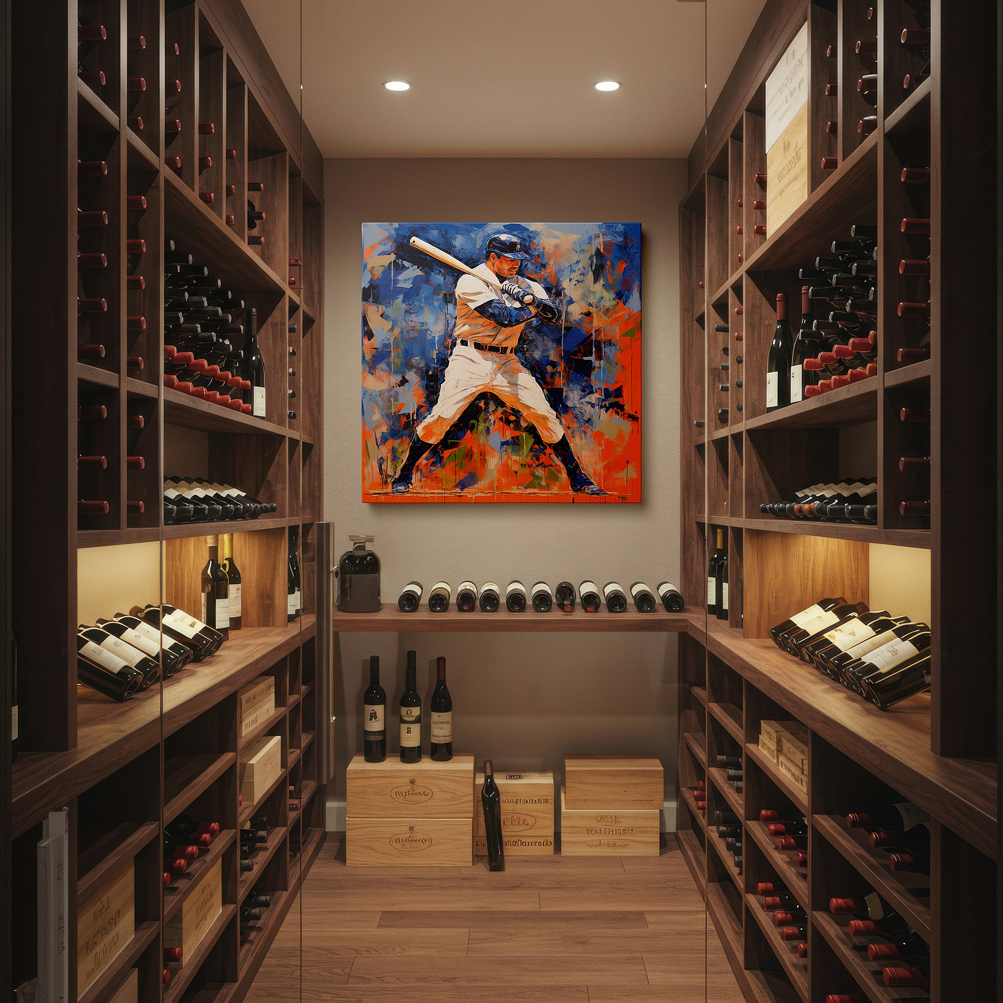 Hung in a cozy reading nook beside a floor lamp and bookshelf — dynamic baseball swing wall art: a vivid tribute to america's beloved sport - large canvas wall art for office decor