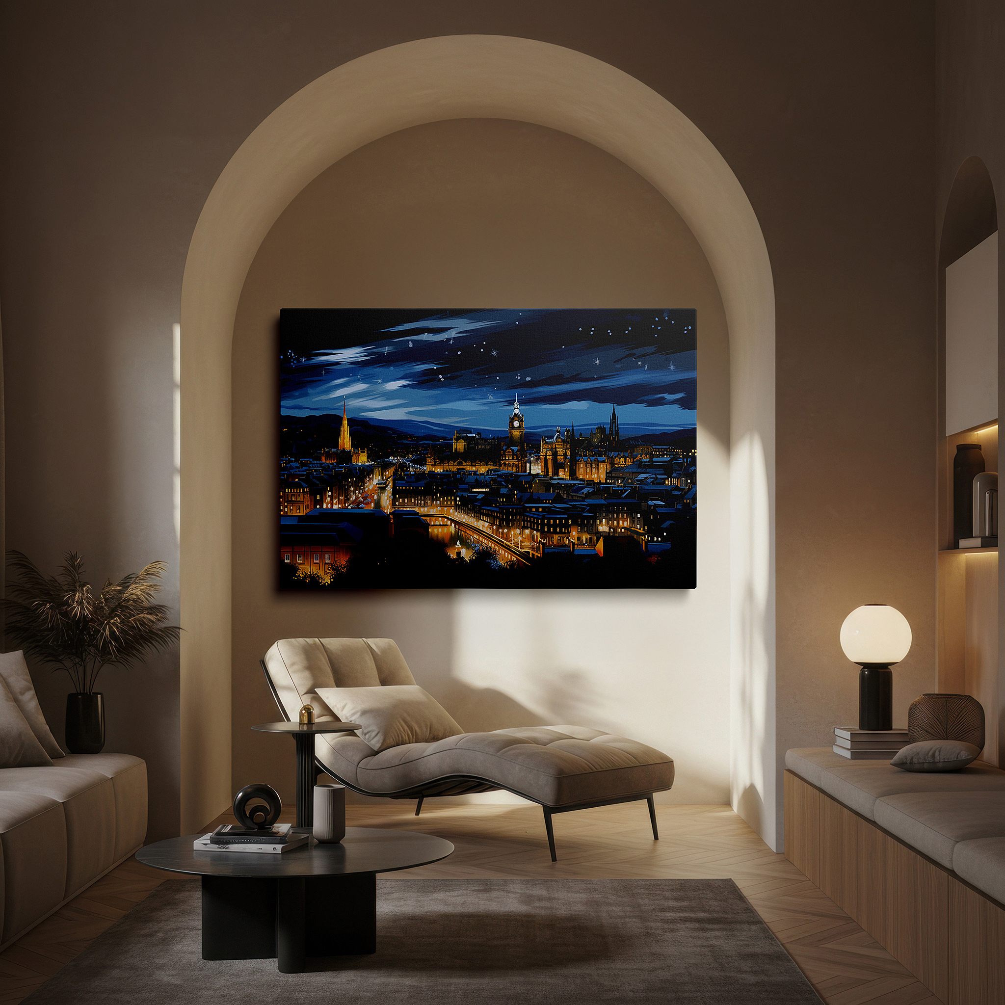 Hung in a cozy reading nook beside a floor lamp and bookshelf — edinburgh's night skyline under starlit mystique - a panoramic view of historic and modern architectural splendor large wall art, canvas wall art, wall decor