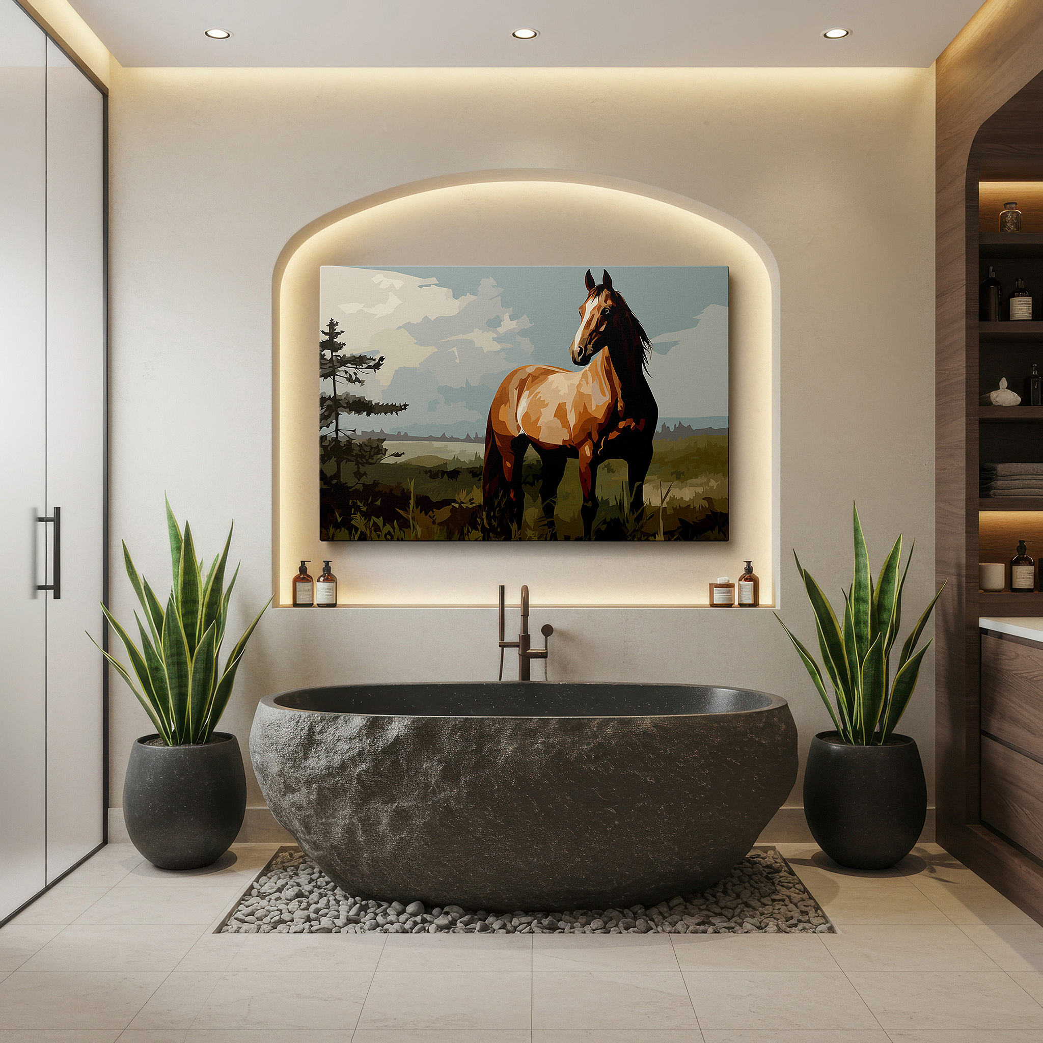 Hung in a cozy reading nook beside a floor lamp and bookshelf — elegant horse in natural beauty, equine elegance and peaceful scenery large wall art, canvas wall art, wall decor, office wall art