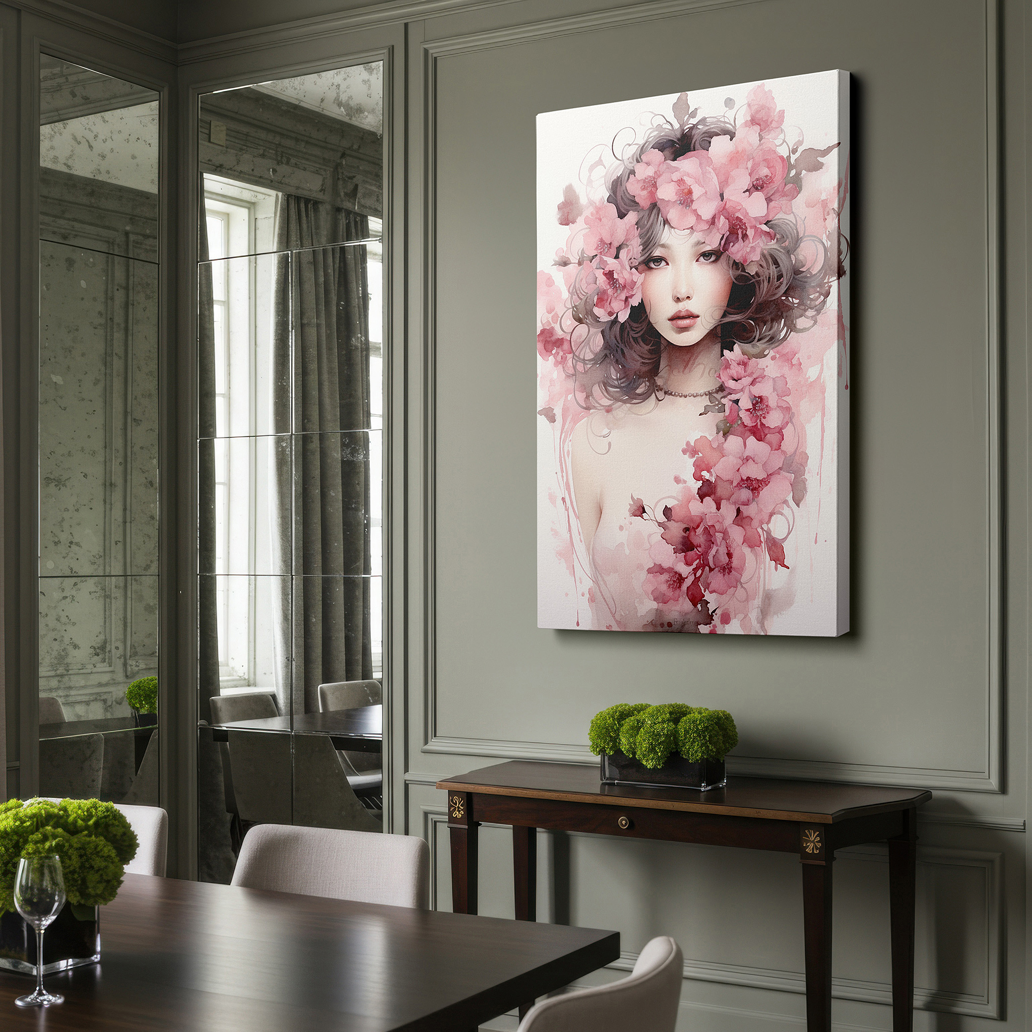 Hung in a cozy reading nook beside a floor lamp and bookshelf — elegant woman adorned with pink floral crown, silky hair cascading like a waterfall - large canvas wall art for office and bedroom decor