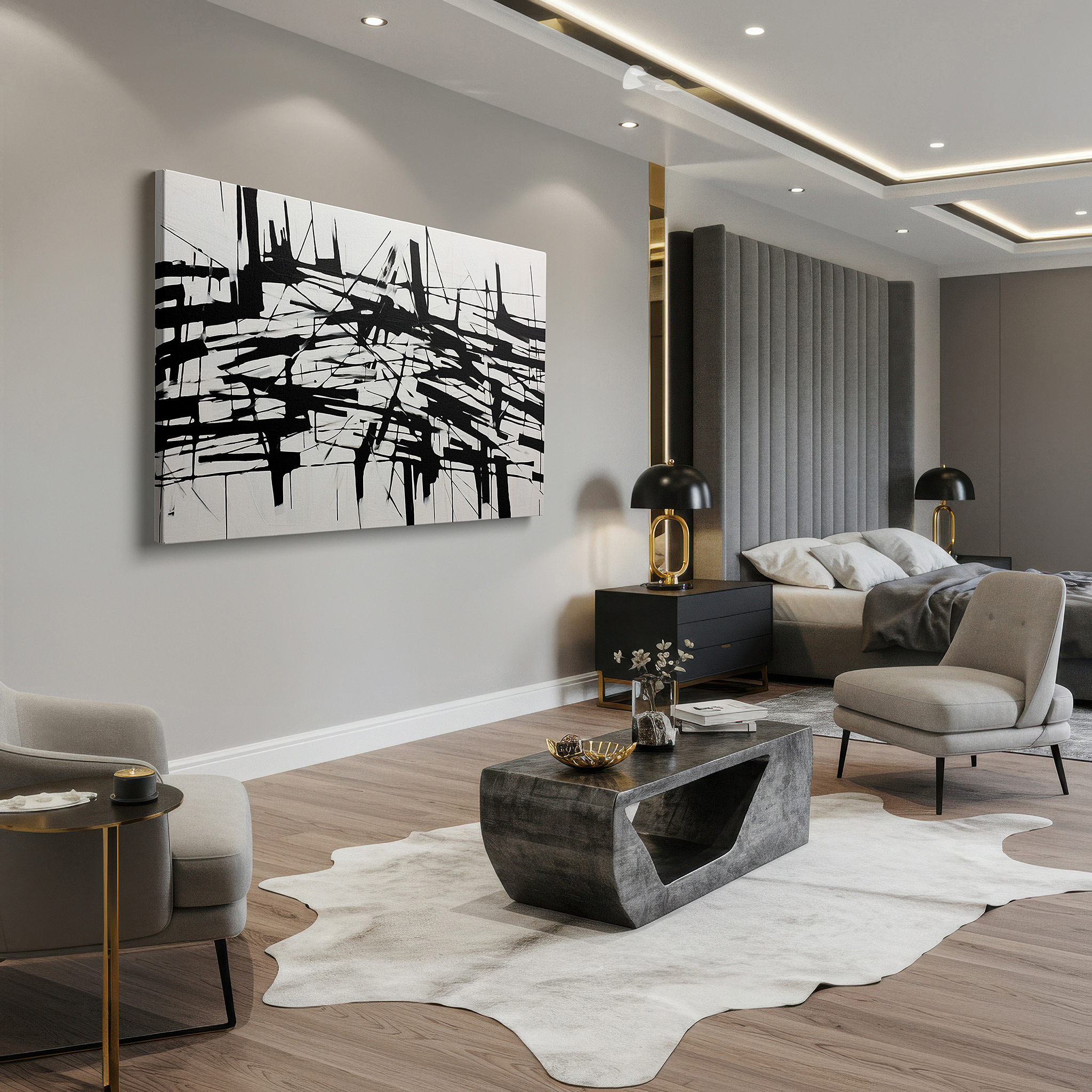 Hung in a cozy reading nook beside a floor lamp and bookshelf — emotional complexity in bold black and stark white: large wall art, canvas wall art, wall decor for office and bedroom