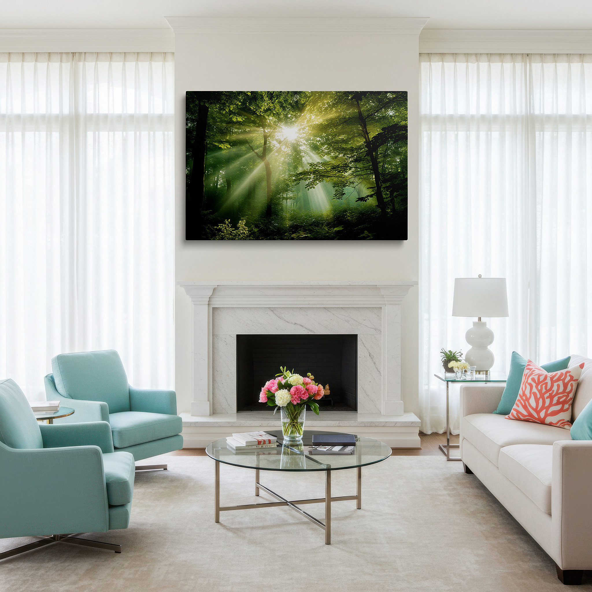 Hung in a cozy reading nook beside a floor lamp and bookshelf — enchanted forest canopy bathed in sunlight's golden glow - large canvas wall art for office, bedroom, and living room decor