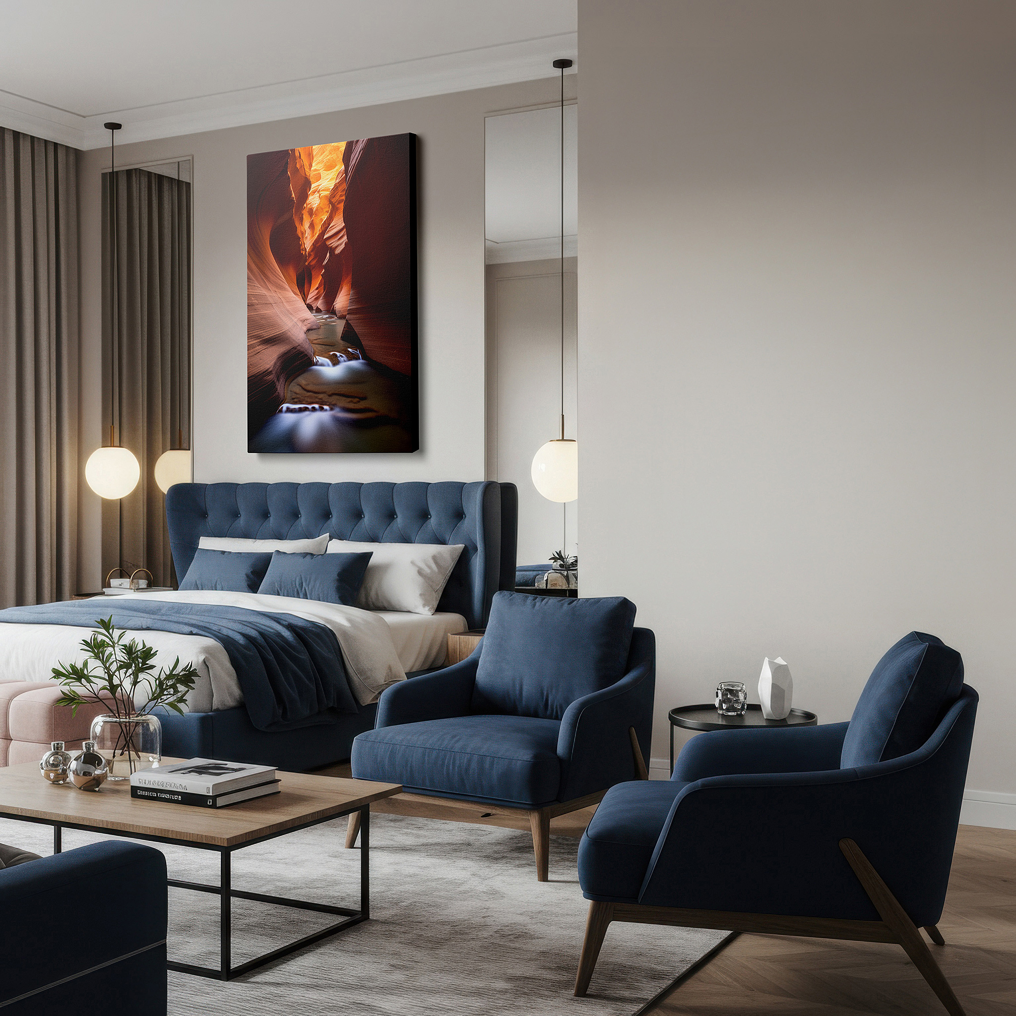 Hung in a cozy reading nook beside a floor lamp and bookshelf — enchanting play of light and shadows in nature's canyon - oversized wall art for office, bedroom, and living room decor