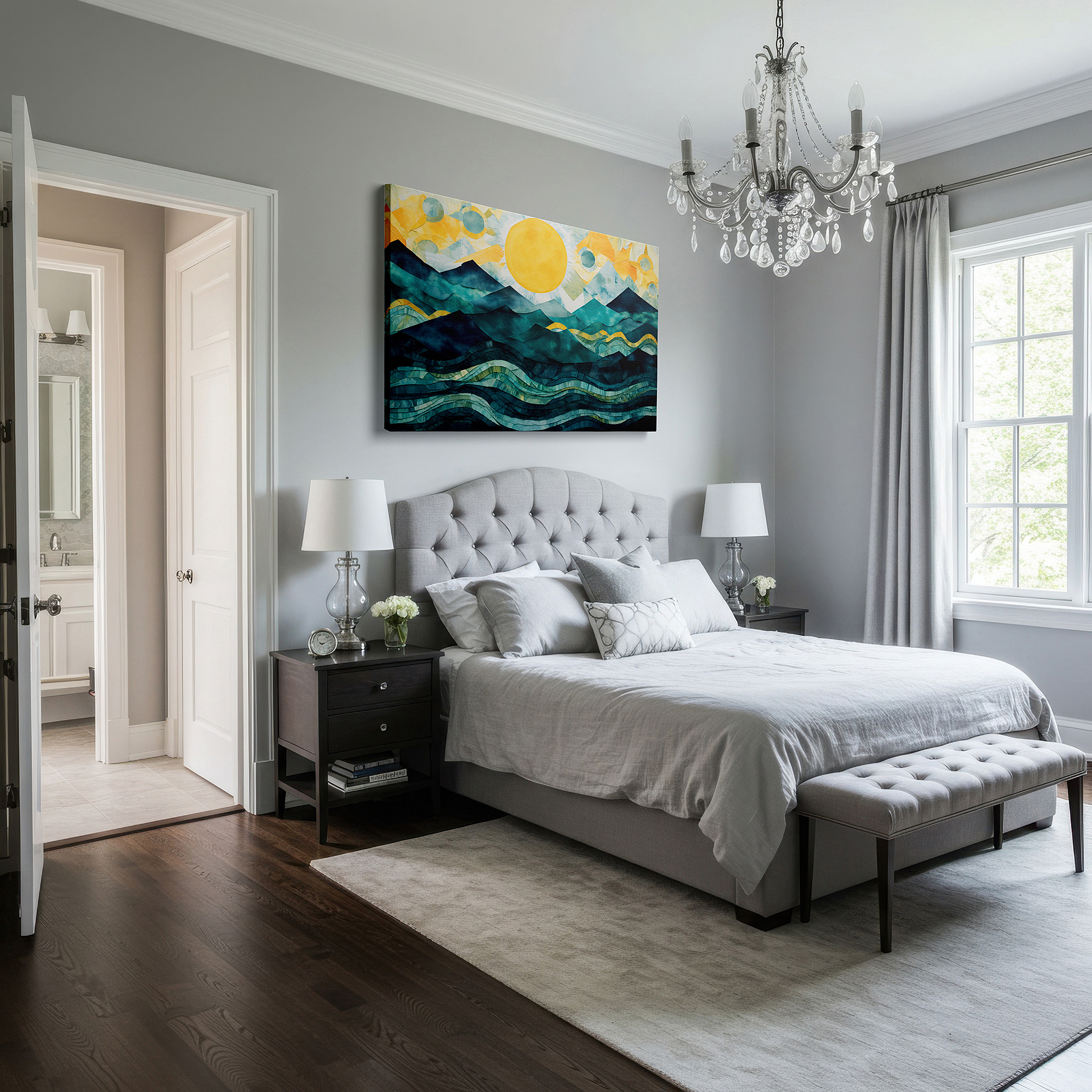 Hung in a cozy reading nook beside a floor lamp and bookshelf — enchanting seascape featuring gentle waves and majestic mountains beneath a radiant sun - large canvas wall art for office decor