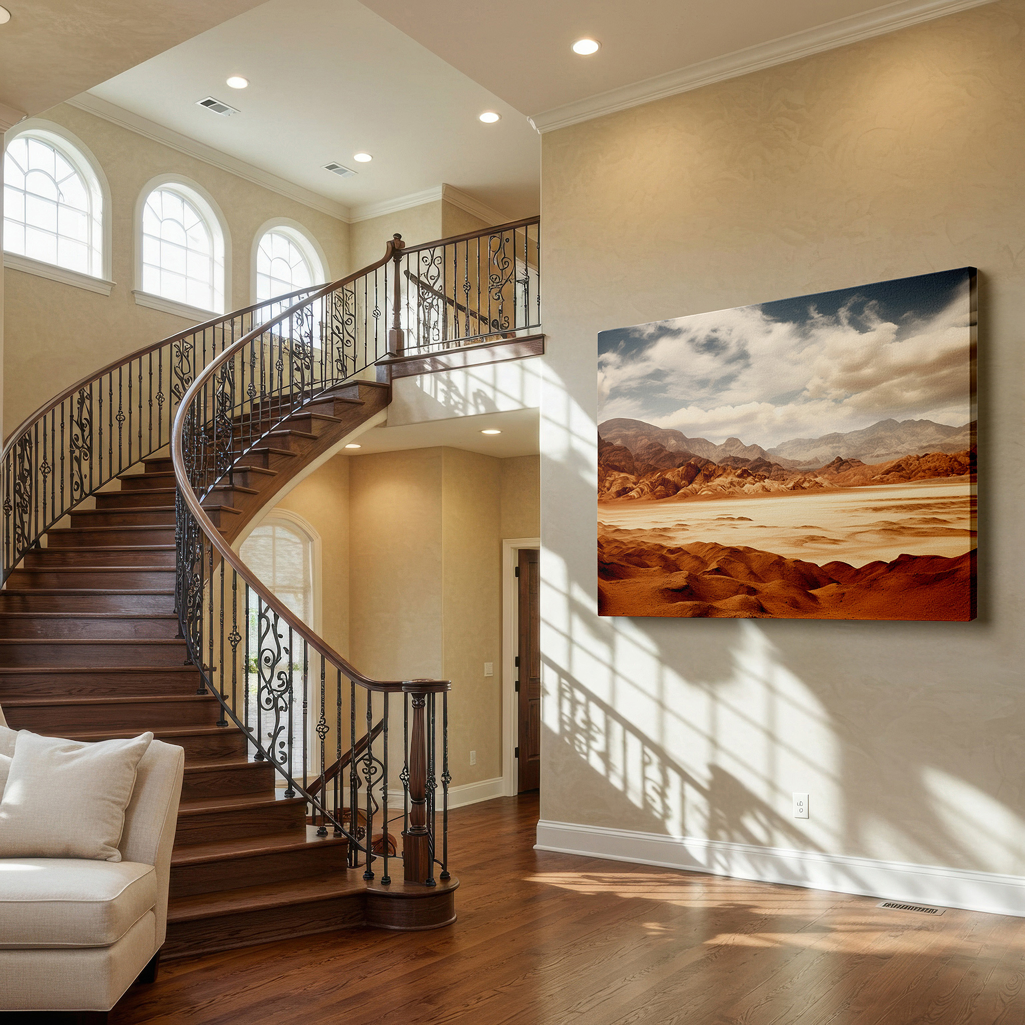 Hung in a cozy reading nook beside a floor lamp and bookshelf — expansive desert and mountain landscape with dramatic sky - large canvas wall art for office and bedroom decor