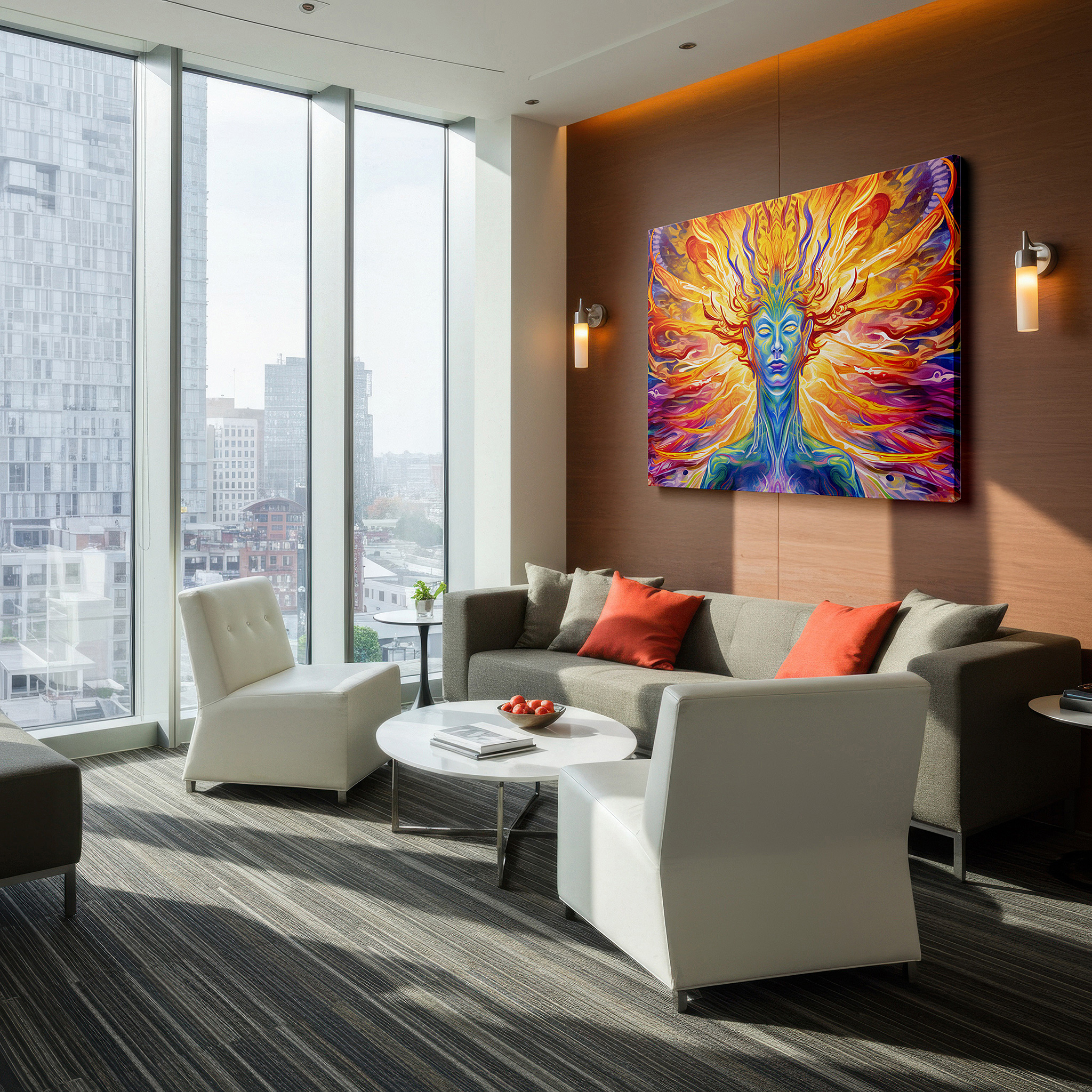 Hung in a cozy reading nook beside a floor lamp and bookshelf — explore identity and creativity with vibrant abstract wall art: large canvas pieces for home and office decor