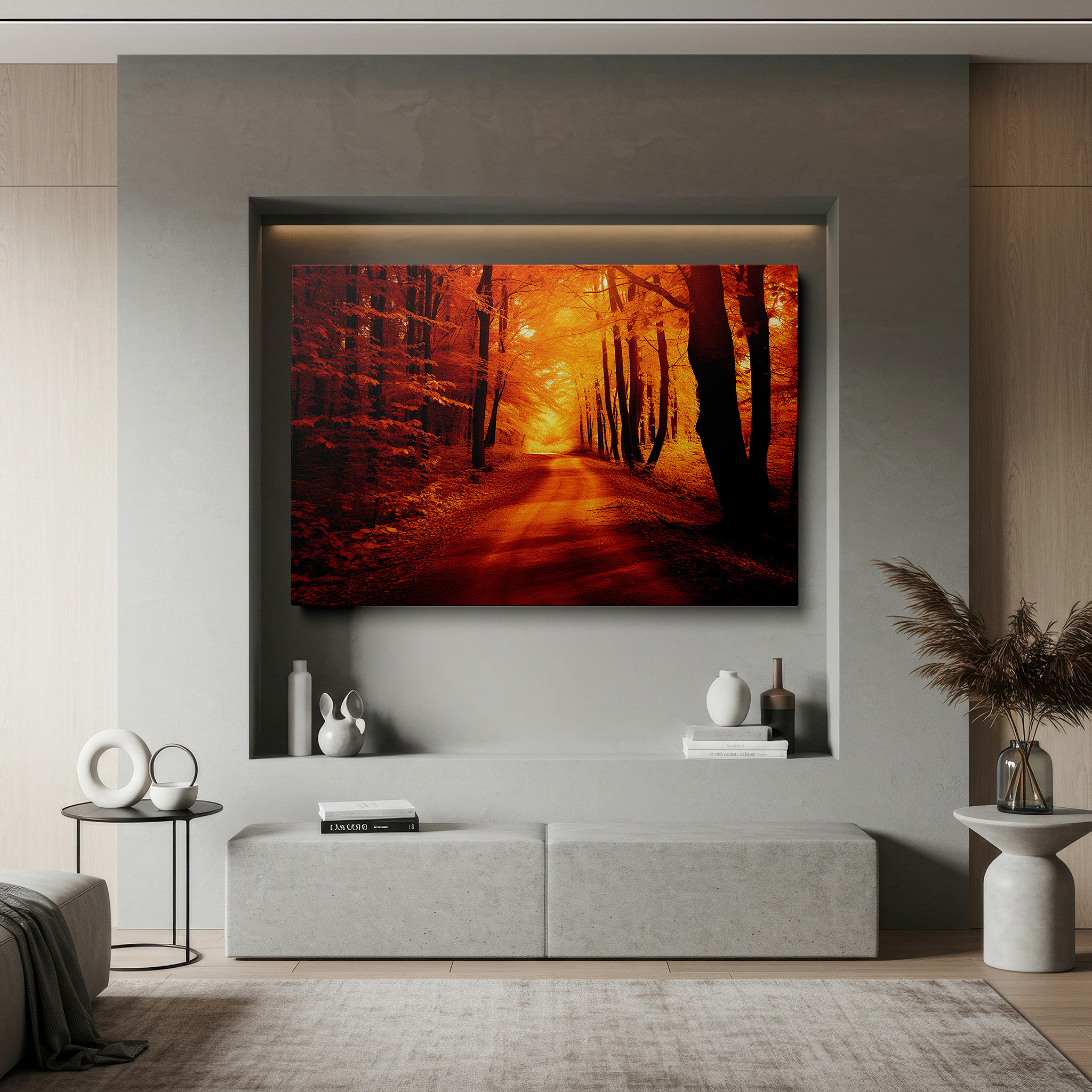 Hung in a cozy reading nook beside a floor lamp and bookshelf — fiery autumnal pathway canvas print: serene wall art for office or bedroom decor