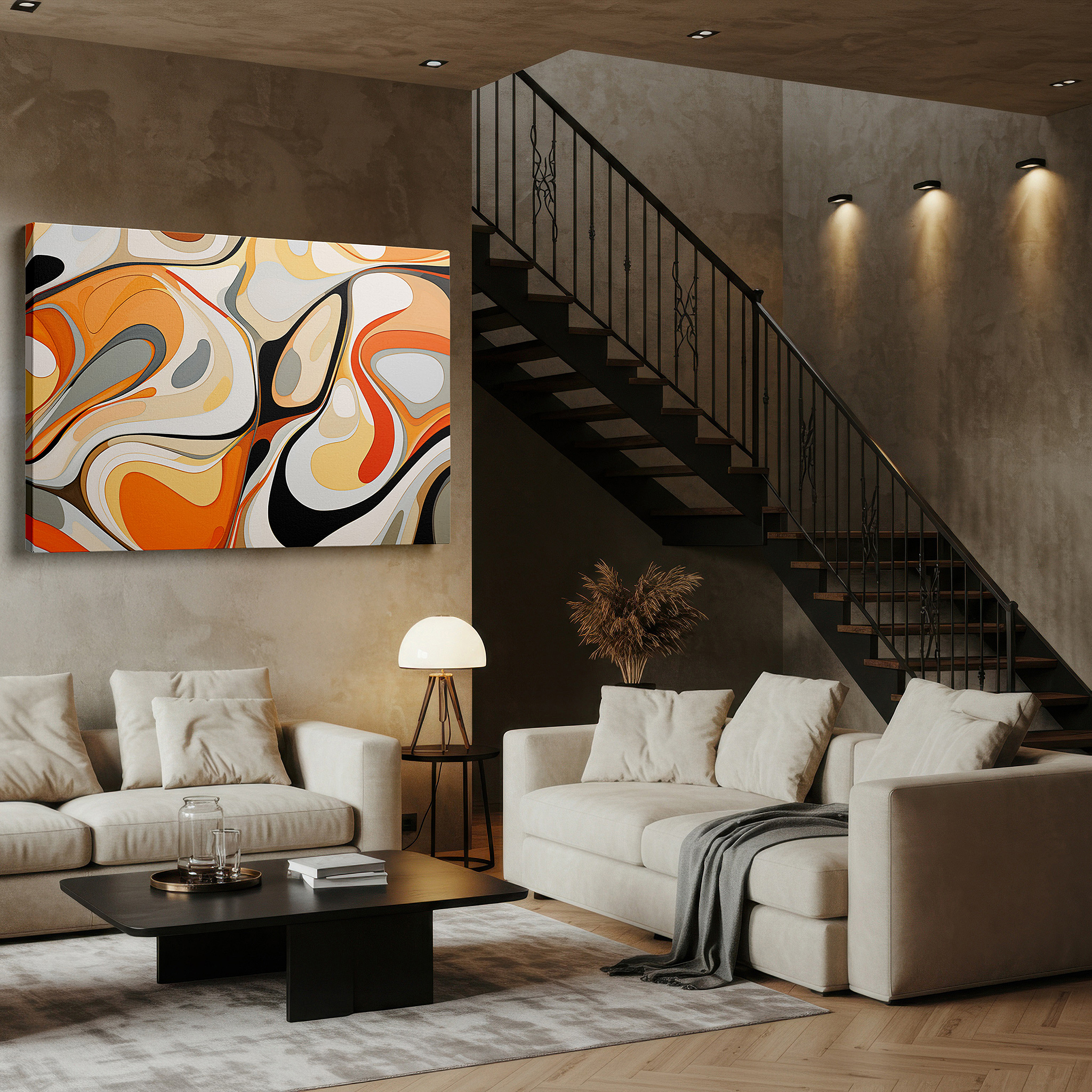 Hung in a cozy reading nook beside a floor lamp and bookshelf — fluid organic shapes in warm orange and creamy white, featuring a symphony of curves and swirls, large wall art, canvas wall art, wall decor for office