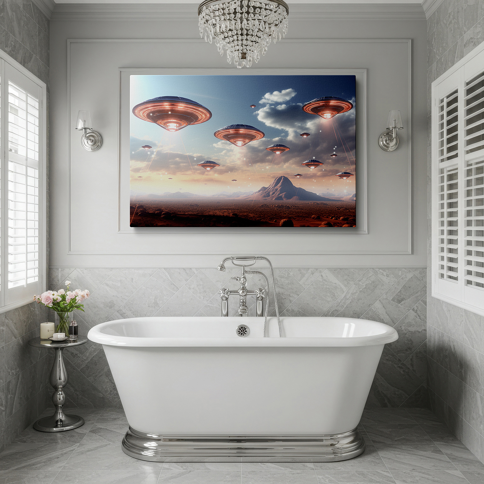 Hung in a cozy reading nook beside a floor lamp and bookshelf — futuristic alien landscape wall art featuring metallic ufos and jagged mountains - large canvas for office or bedroom decor