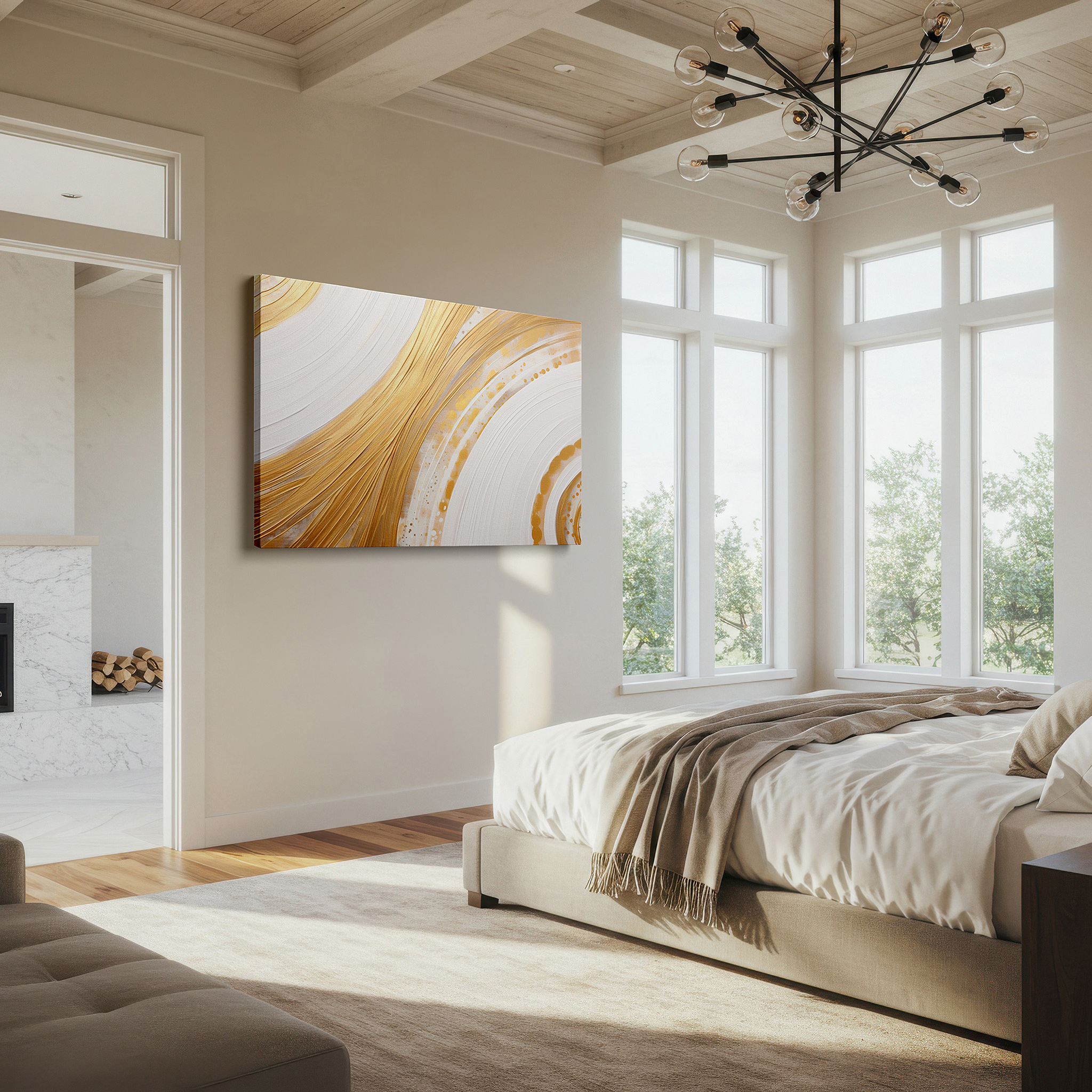 Hung in a cozy reading nook beside a floor lamp and bookshelf — gold and white elegance, abstract harmony for luxurious spaces: large wall art, canvas wall art, wall decor for offices and bedrooms