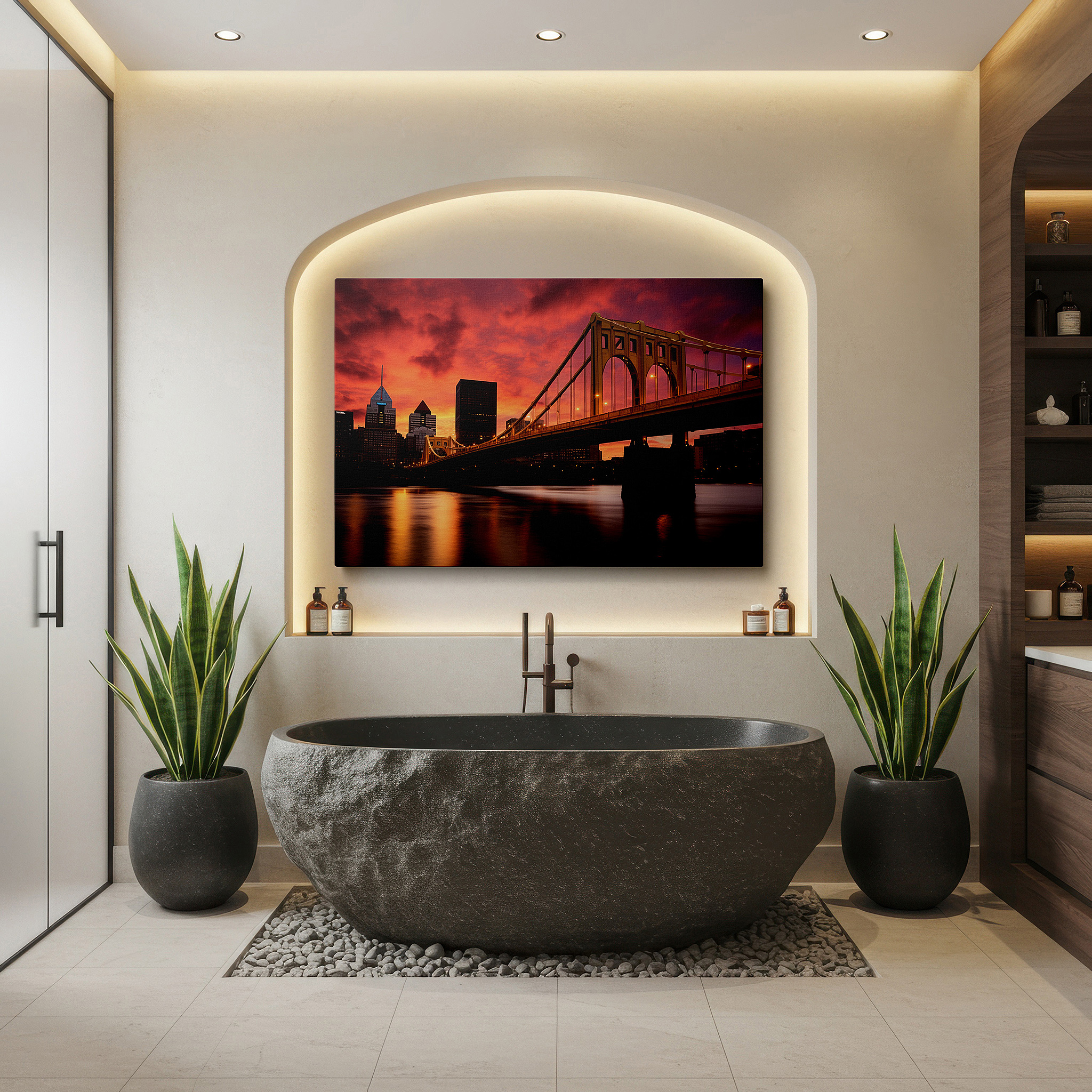 Hung in a cozy reading nook beside a floor lamp and bookshelf — golden bridge at dusk: nature and cityscape in harmony under a radiant sunset - large wall art, canvas wall art, wall decor for office