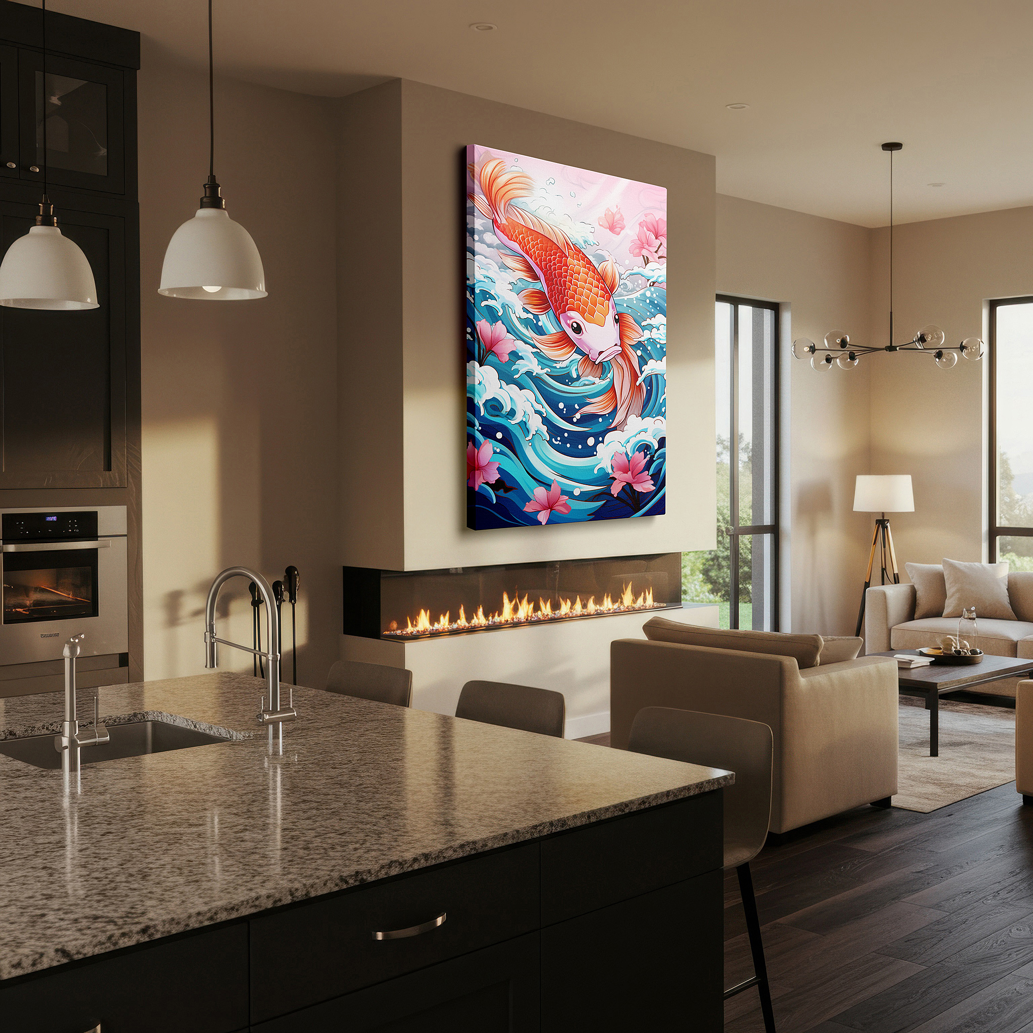 Hung in a cozy reading nook beside a floor lamp and bookshelf — graceful koi fish swimming in peaceful waters, tranquil and elegant large wall art, canvas wall art, wall decor for office